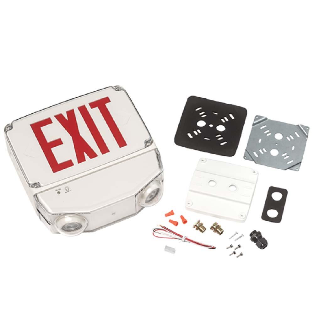 LED Combo Exit Sign, Double face with Red Letters, White Finish, Battery Backup Included, Self-Diagnostics