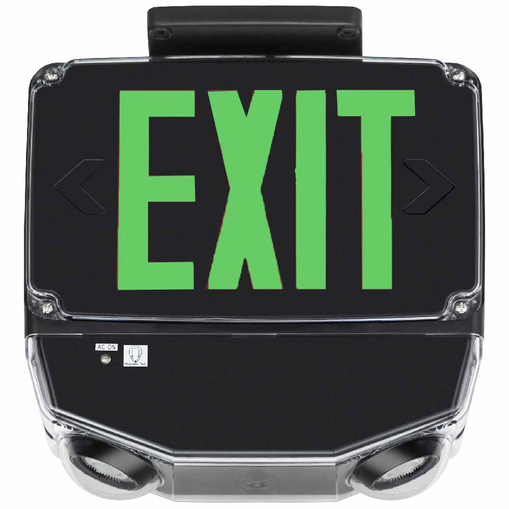 LED Combo Exit Sign, Single face with Green Letters, Black Finish, Battery Backup Included, Self-Diagnostics