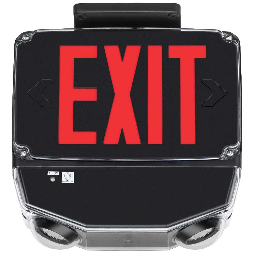 LED Combo Exit Sign, Single face with Red Letters, Black Finish, Battery Backup Included, Self-Diagnostics