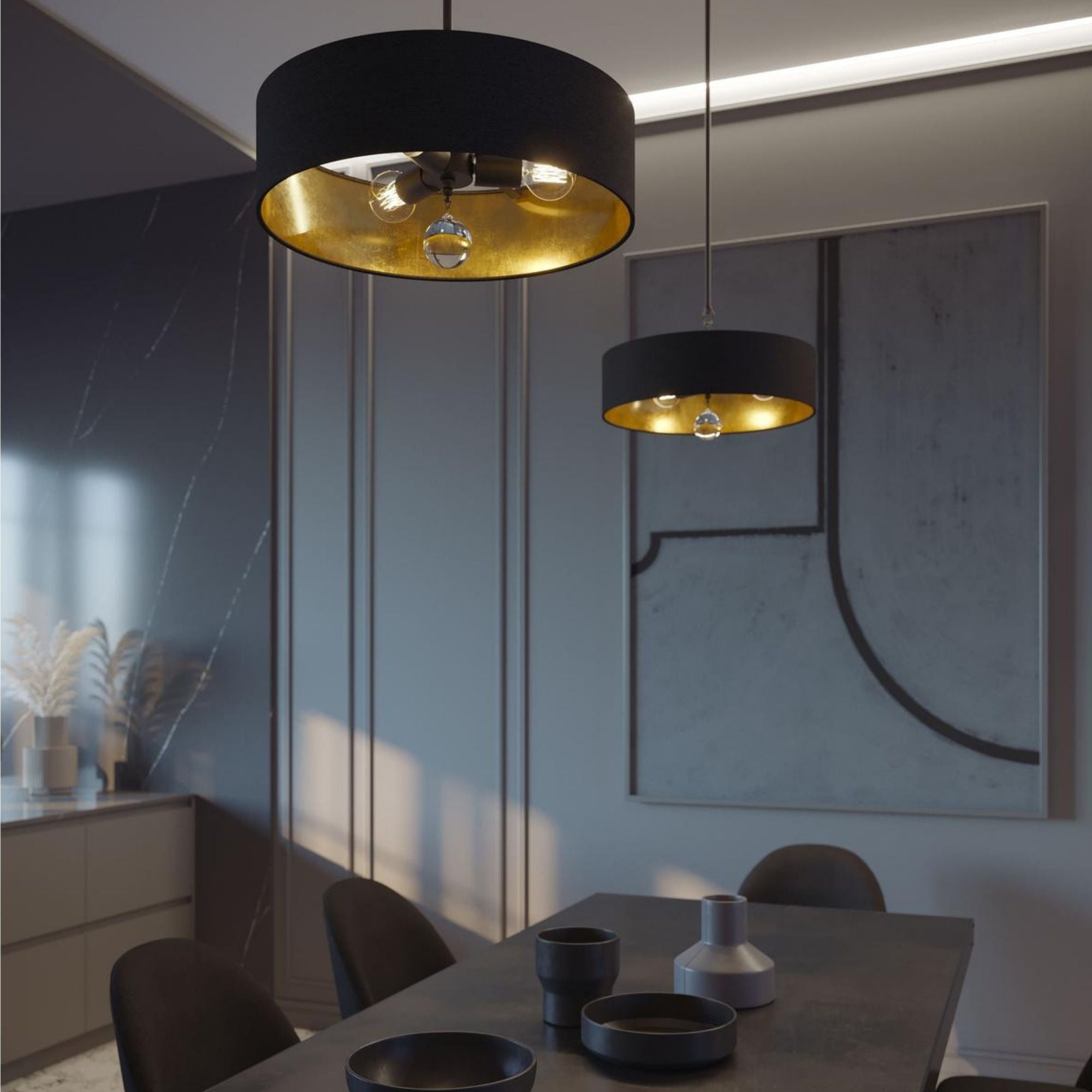 Celine 18'' 3-Light Convertible Pendant Light, Black Finish with Black/Gold shade - Bees Lighting