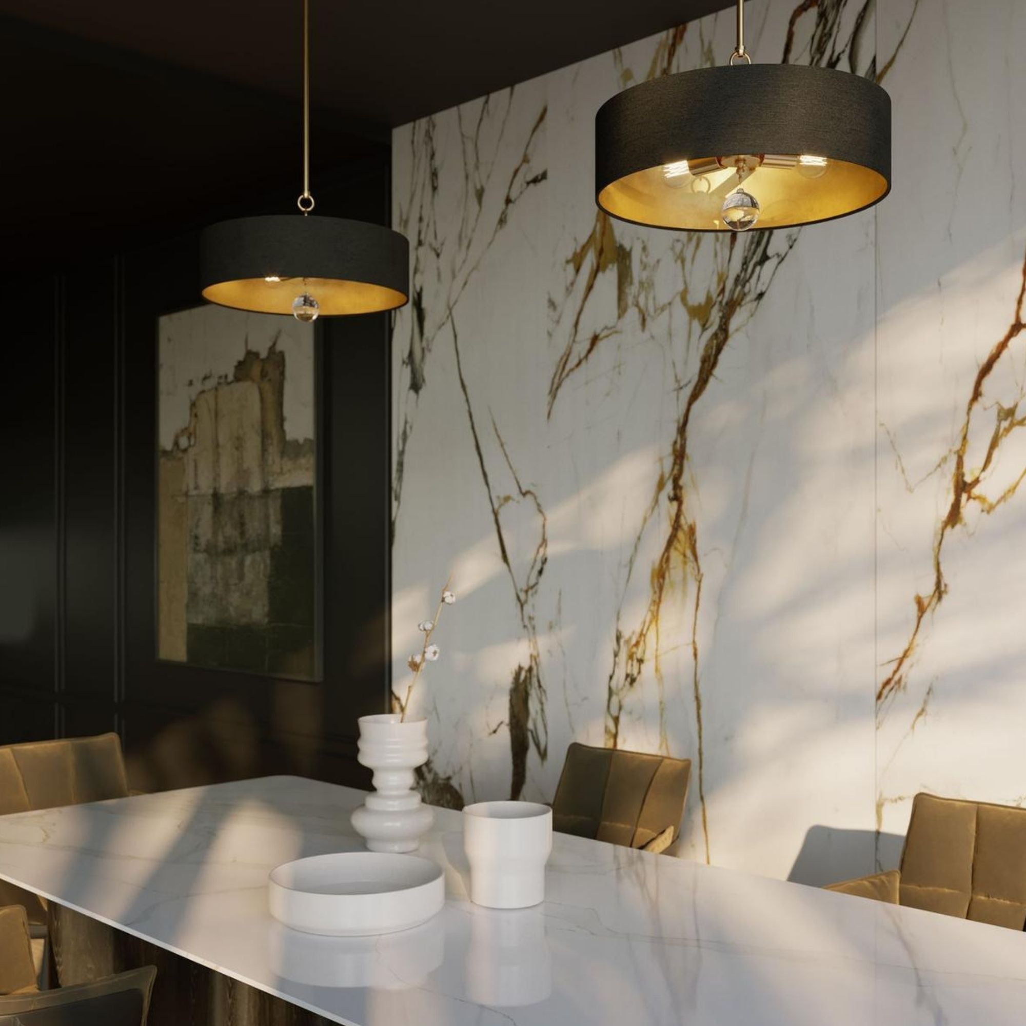 Celine 24'' 3-Light Convertible Pendant Light, Satin Brass Finish with Black/Gold shade - Bees Lighting