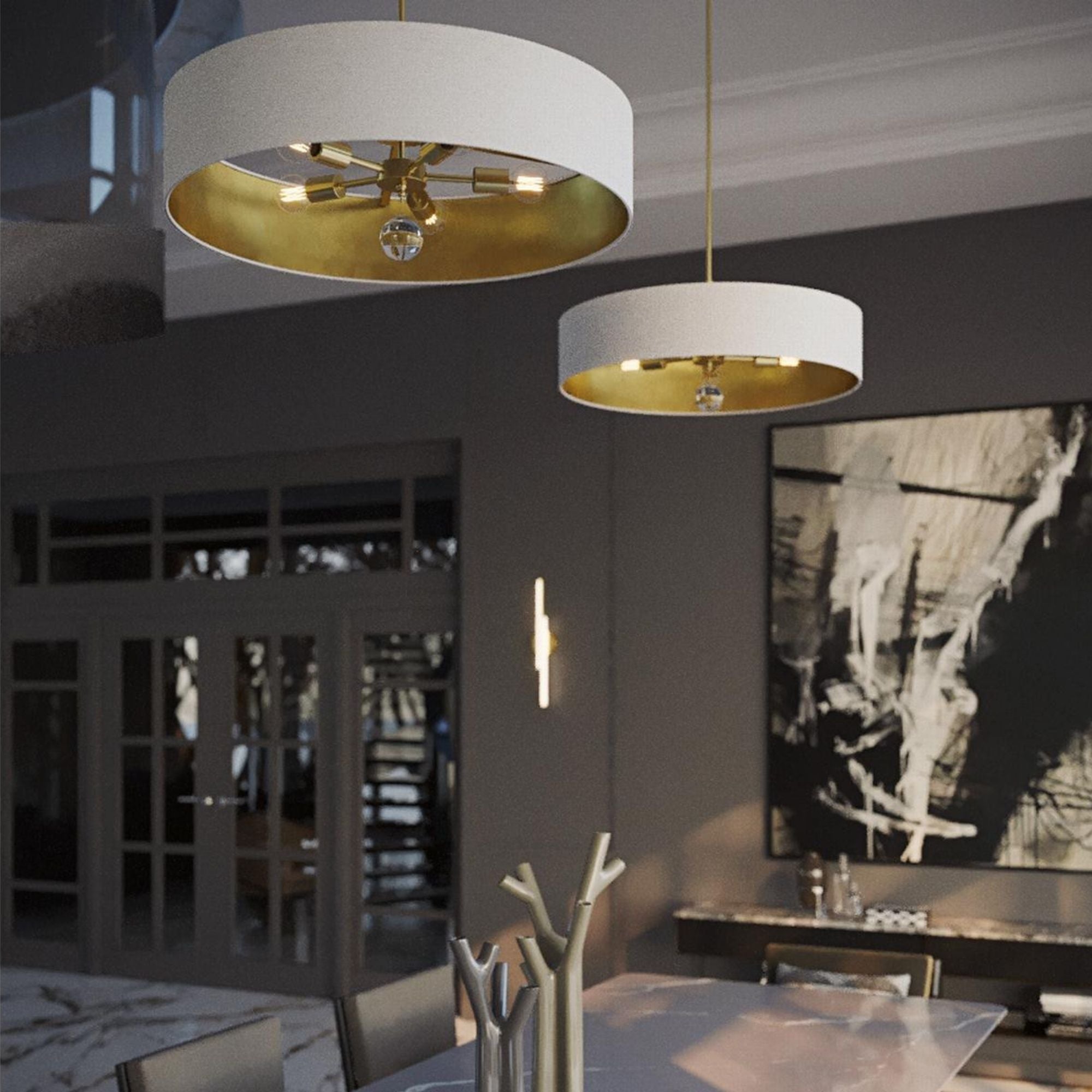 Celine 30'' 5-Light Convertible Pendant Light, Satin Brass Finish with Black/Silver shade - Bees Lighting
