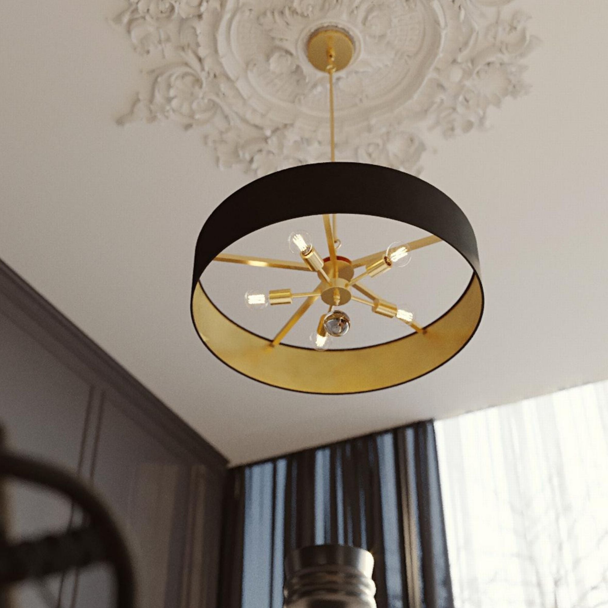 Celine 30'' 5-Light Convertible Pendant Light, Satin Brass Finish with Black/Silver shade - Bees Lighting