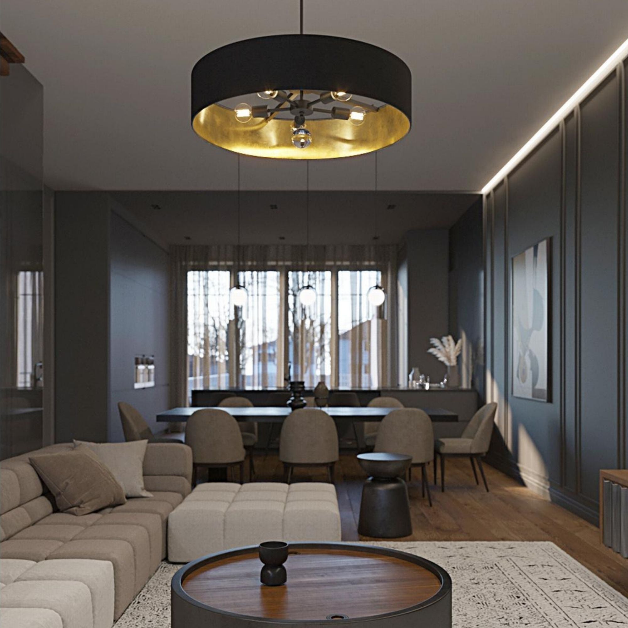 Celine 30'' 5-Light Convertible Pendant Light, Satin Brass Finish with Black/Silver shade - Bees Lighting