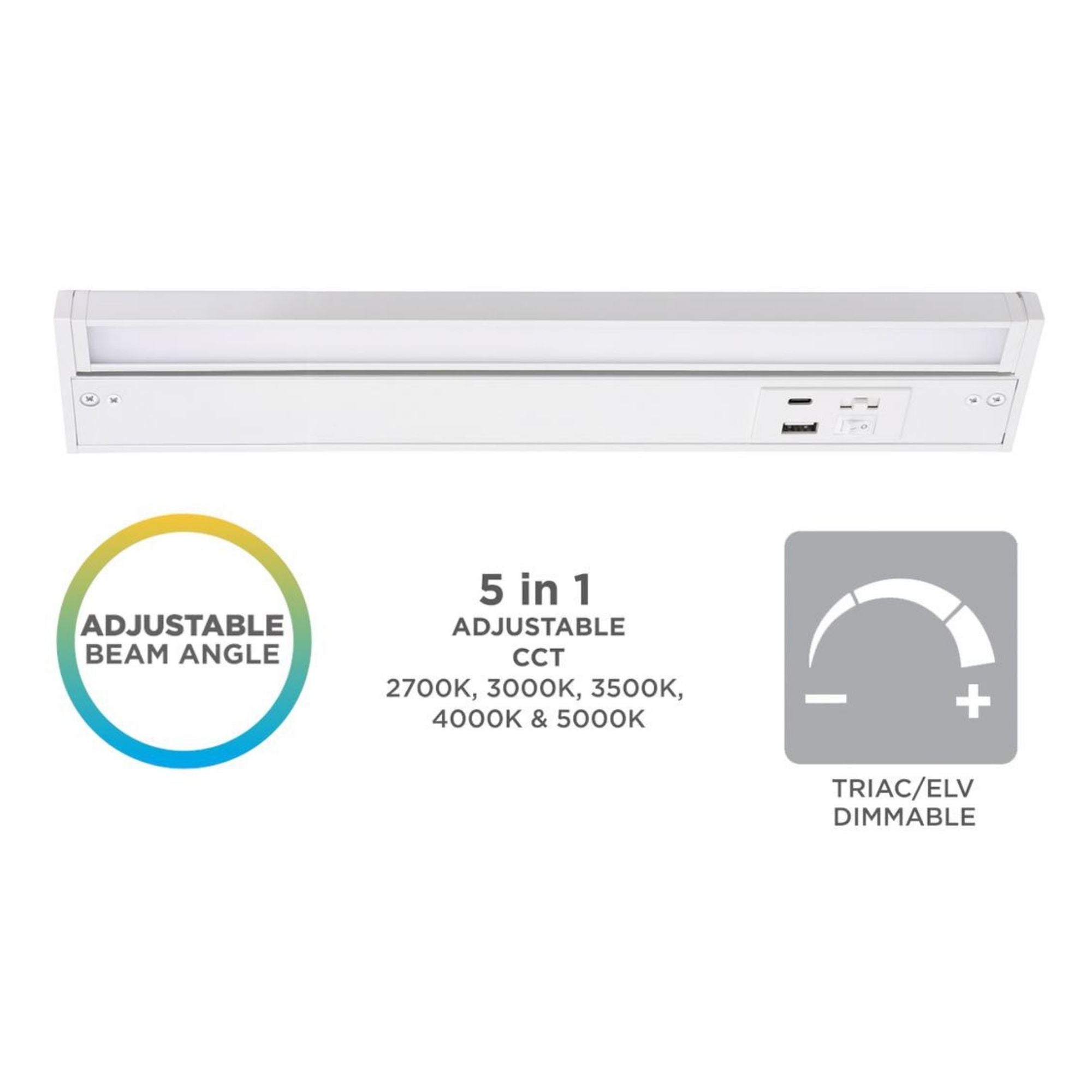 Elena 14-Inch LED Under Cabinet Light with USB Charging Ports, White