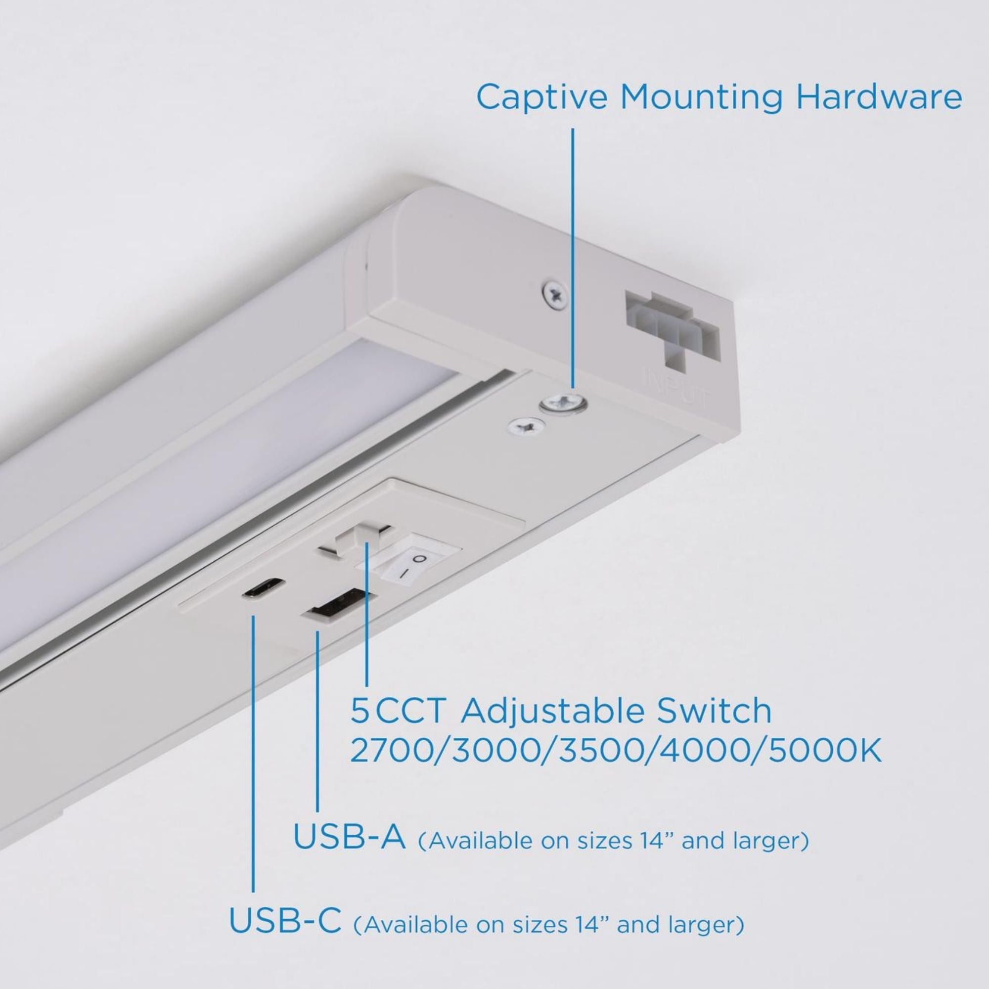 Elena 22-Inch LED Under Cabinet Light with USB Charging Ports, White