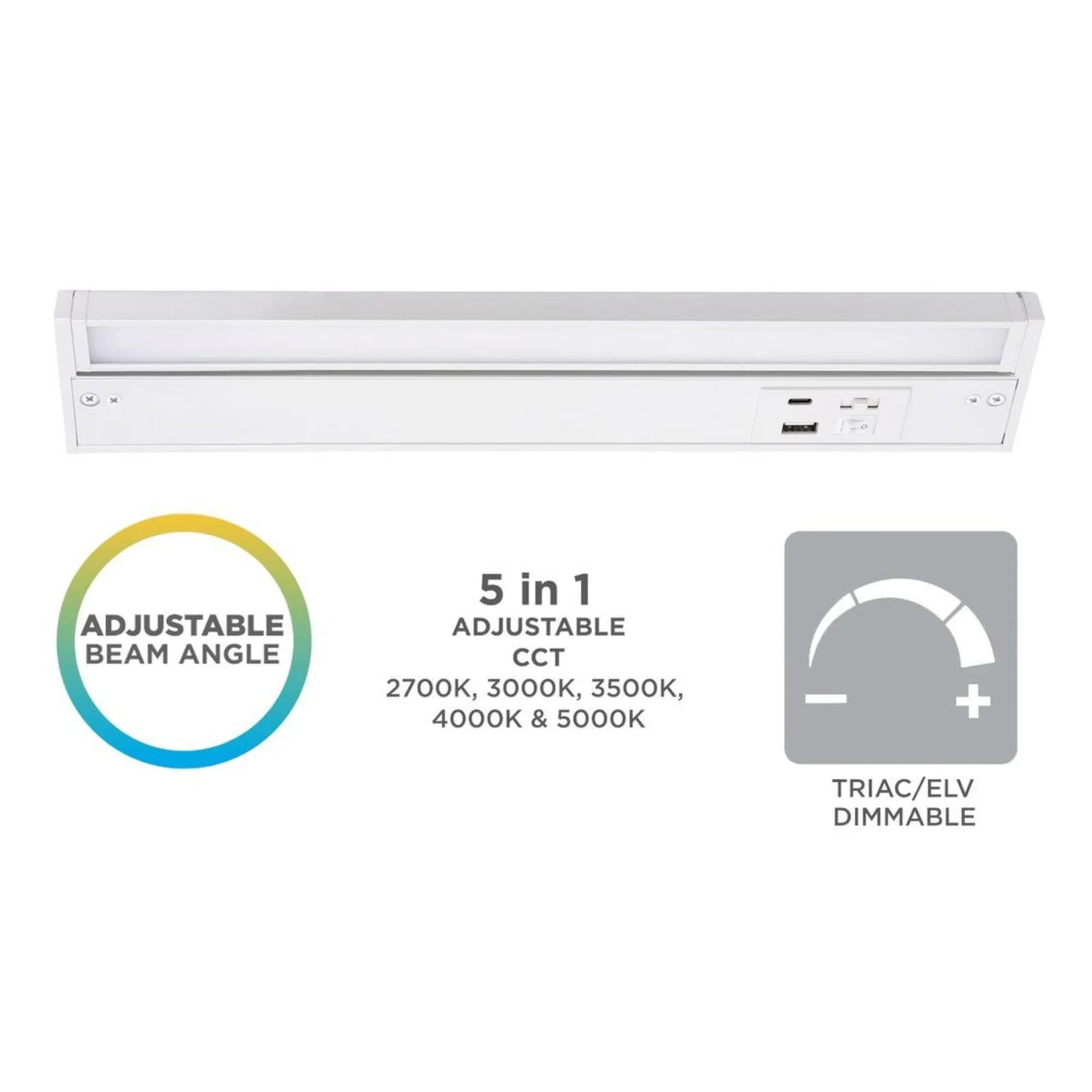 Elena 40-Inch LED Under Cabinet Light with USB Charging Ports, White