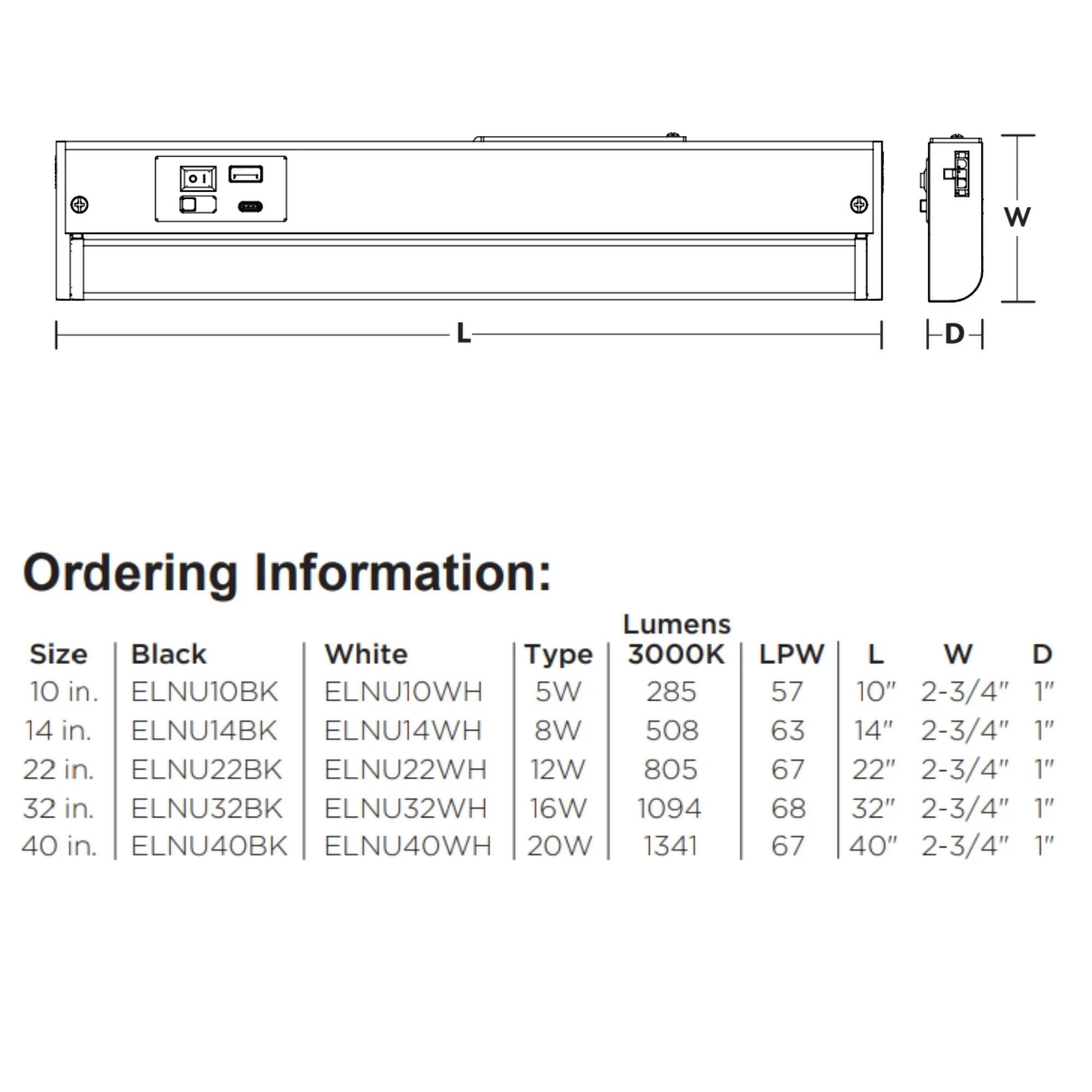 Elena 40-Inch LED Under Cabinet Light with USB Charging Ports, White