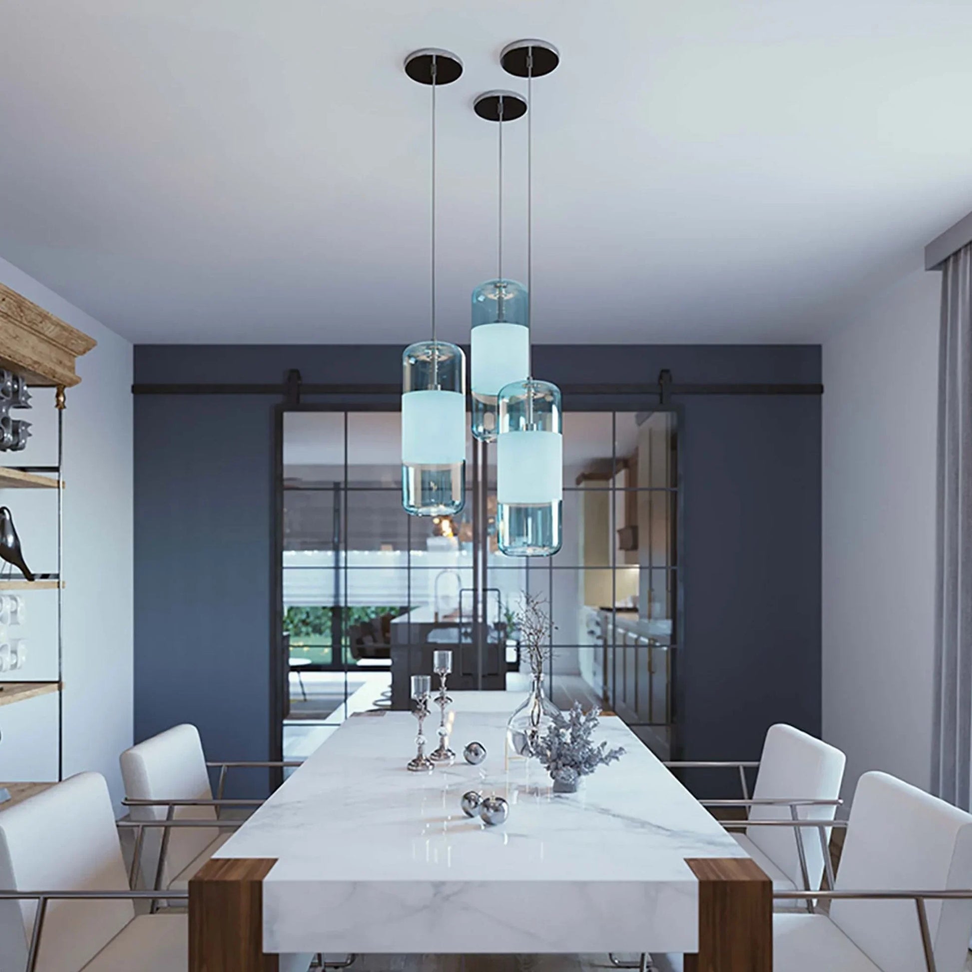 Hermosa 41" 3-Light Linear Pendant, Satin Nickel & Aqua Shade - Bees Lighting