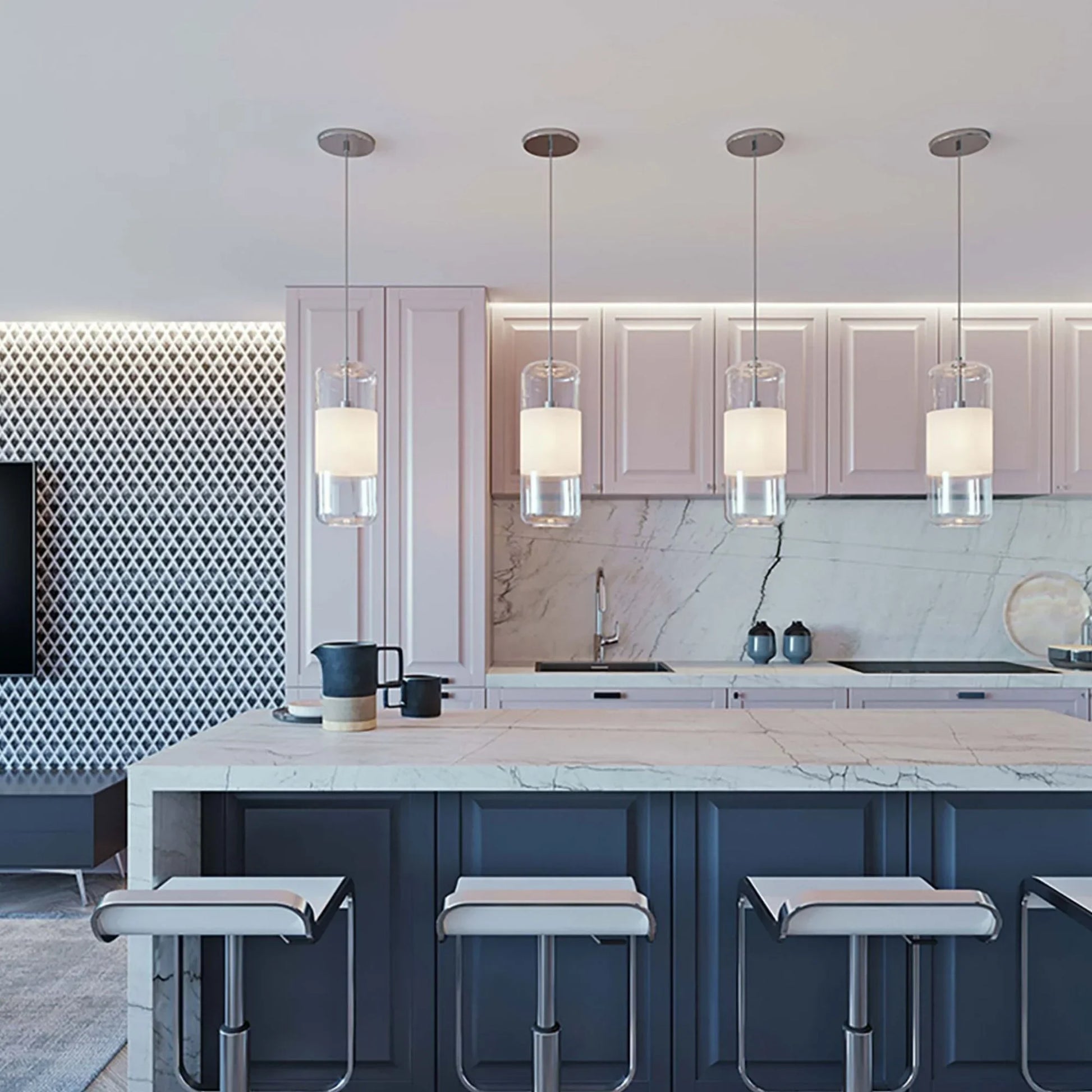 Hermosa 41" 3-Light Linear Pendant, Satin Nickel & Clear Swirl Shade - Bees Lighting