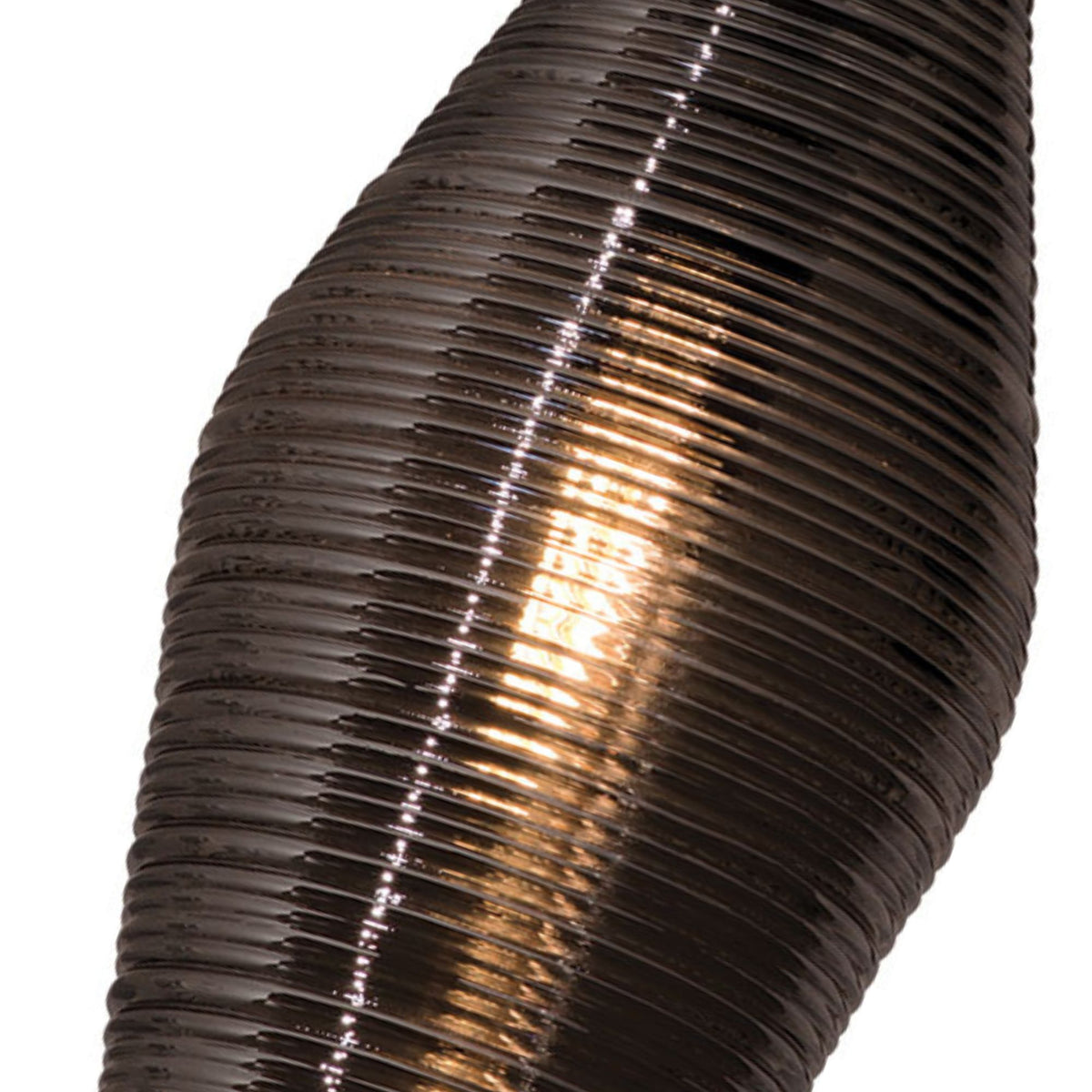 Ribbed glass pendant shade in dark finish with warm illuminated center