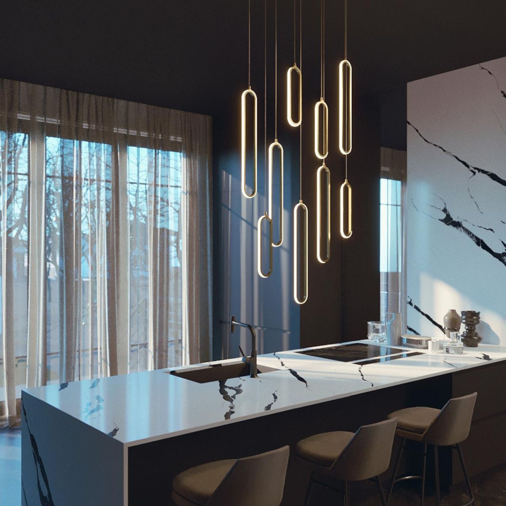Sienna 36'' Linear Multi-Port LED Pendant Light, Painted Nickel Finish - Bees Lighting