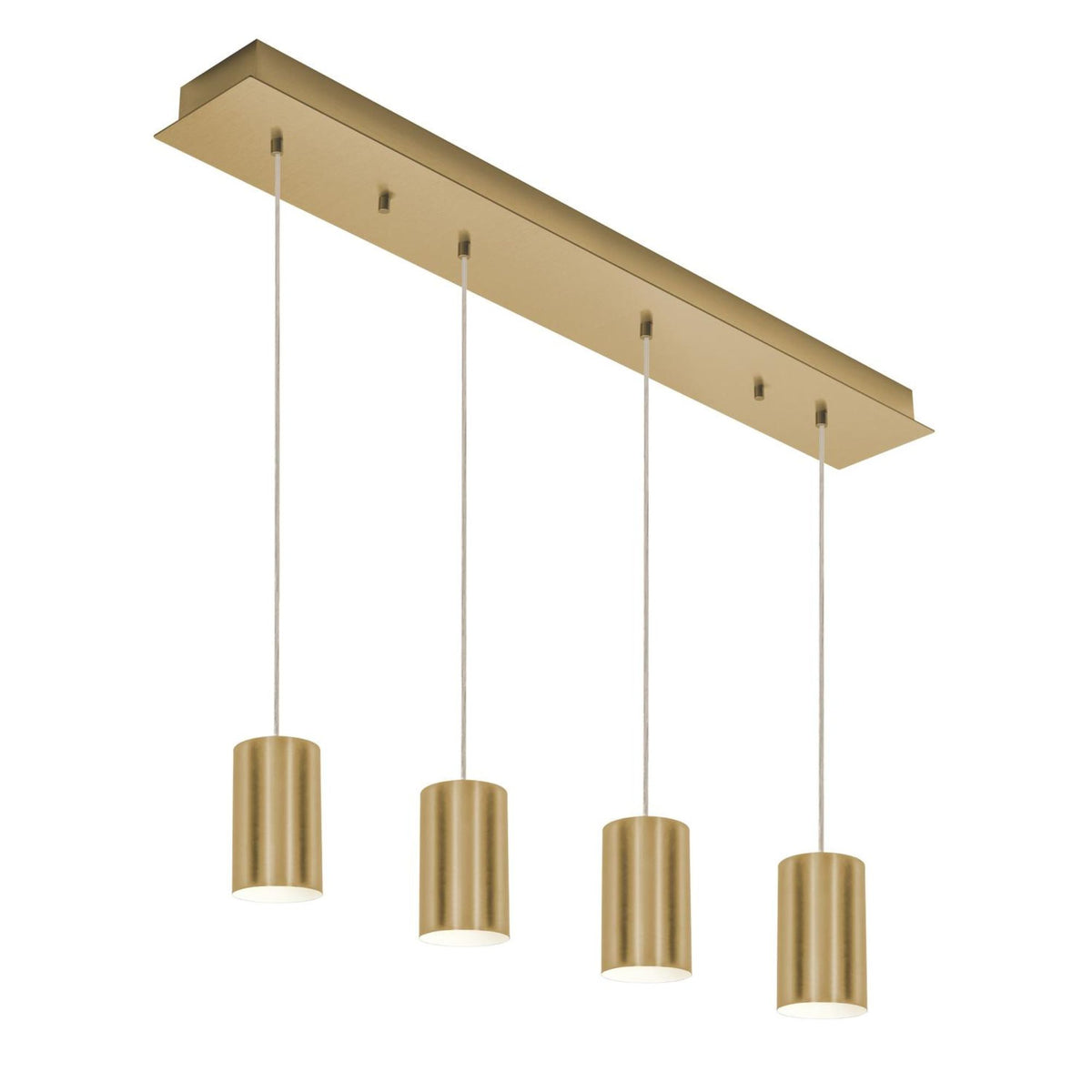 Satin brass 4-light linear pendant with canopy and four vertical cylindrical shades
