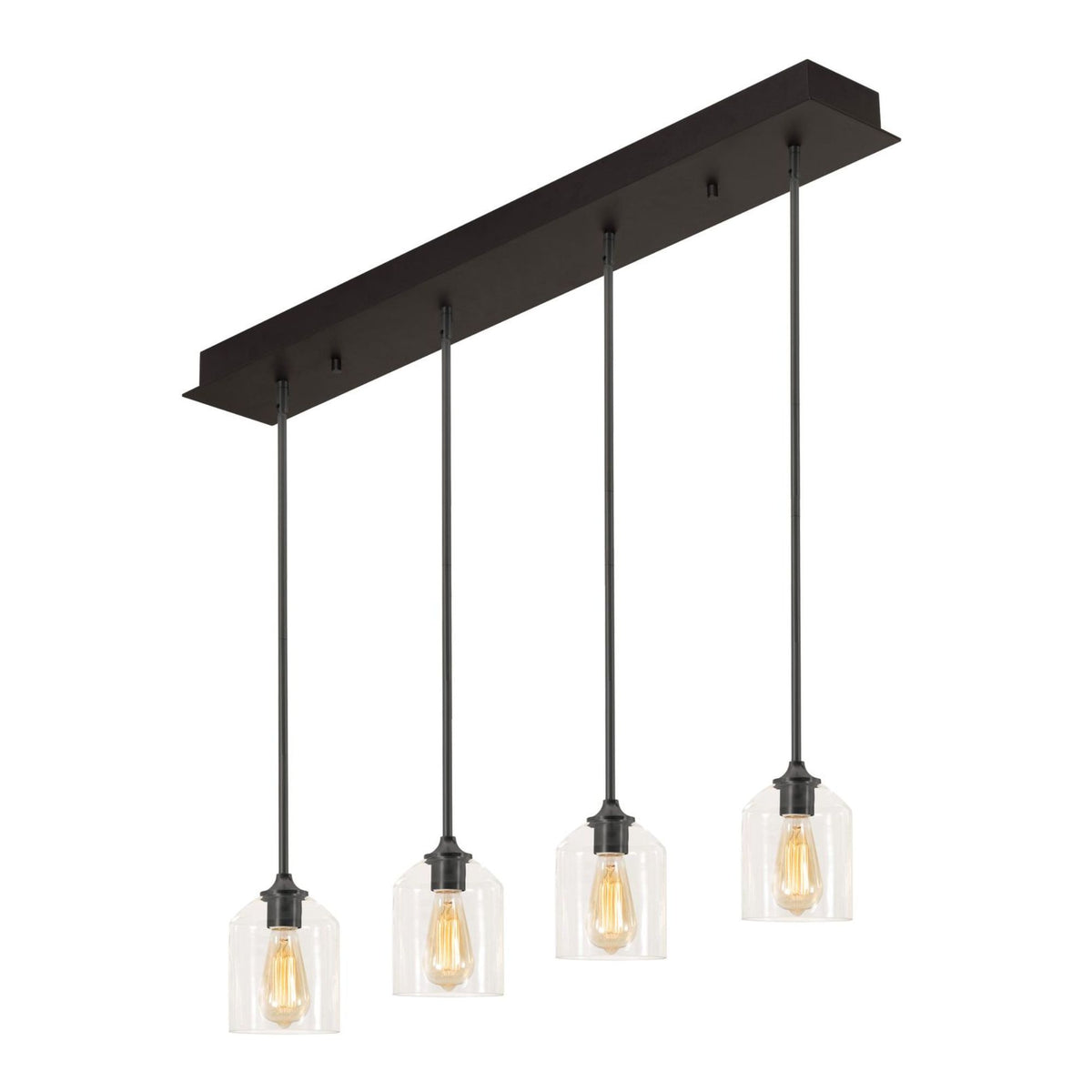 Black 4-light linear pendant with four clear glass shades on long metal stems