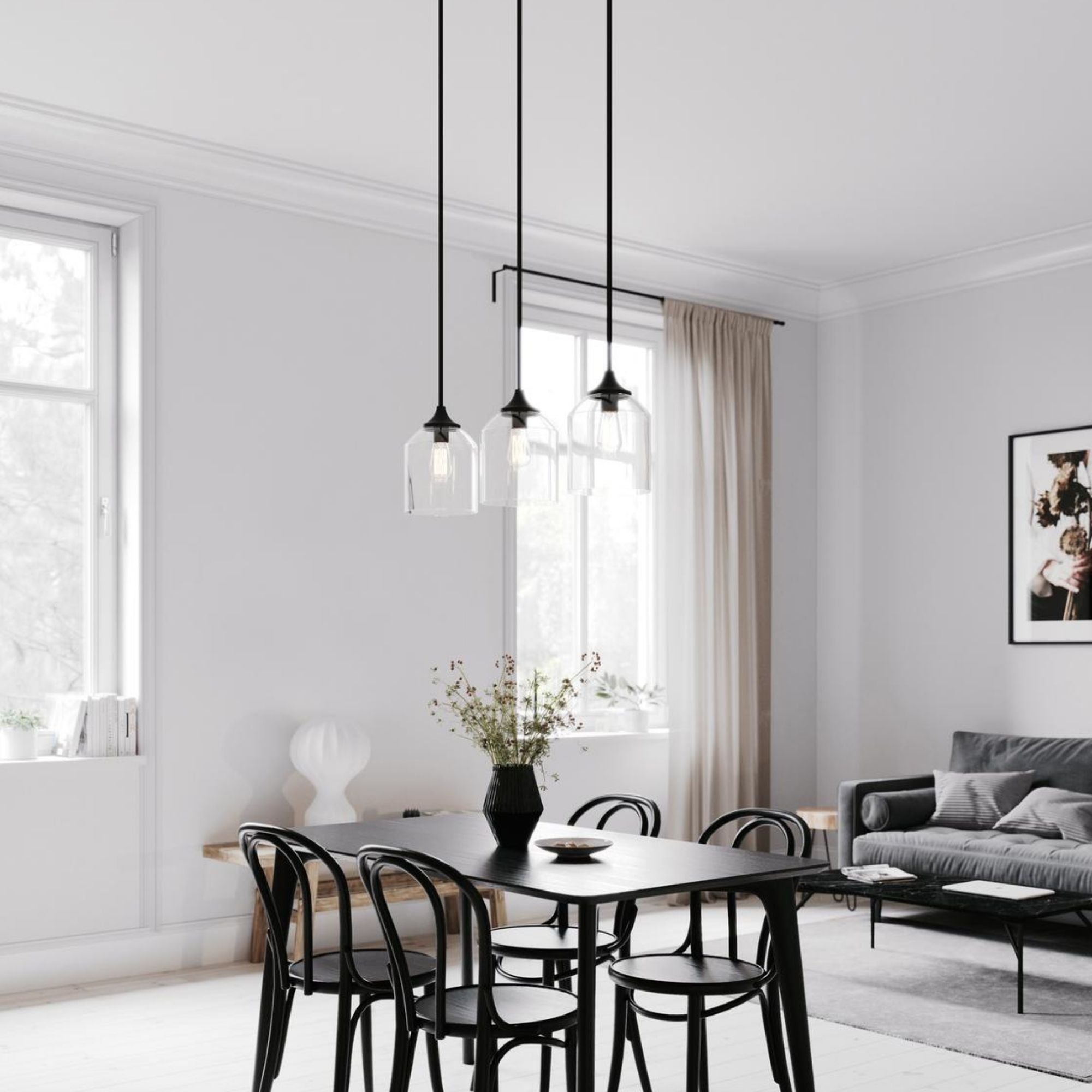 William 3 Lights 36 In. Pendant Light Satin Brass Finish - Bees Lighting