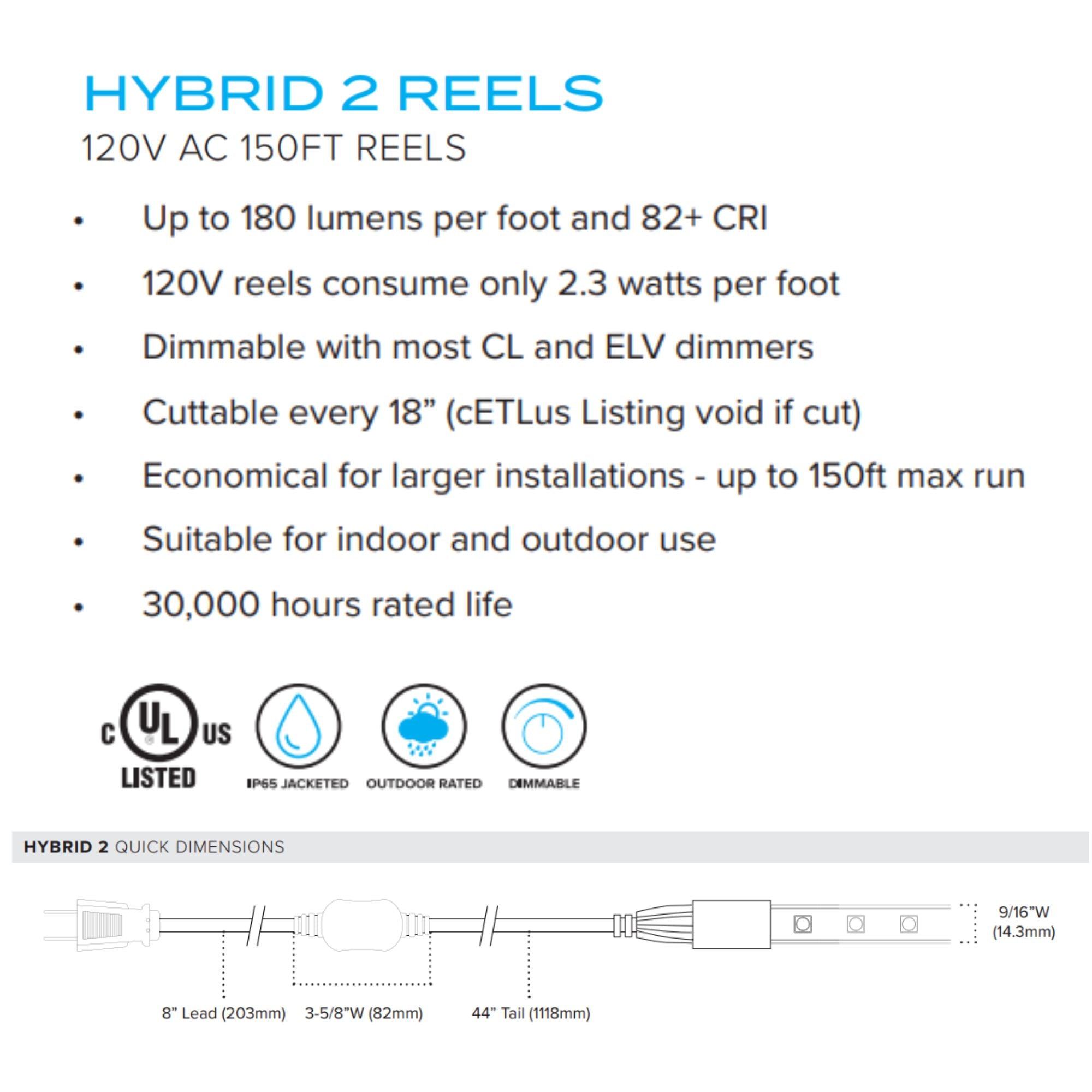American Lighting Hybrid 2, 150ft, LED Tape Light, IP65, 5000K, 180 Lumens per Foot, 120V
