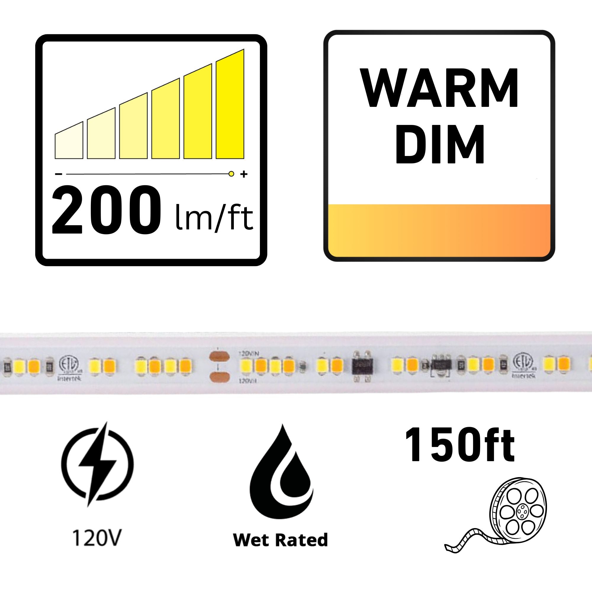 American Lighting Hybrid 3, 150ft, LED Tape Light, IP65, Warm Dim, 200 Lumens/ft, 120V