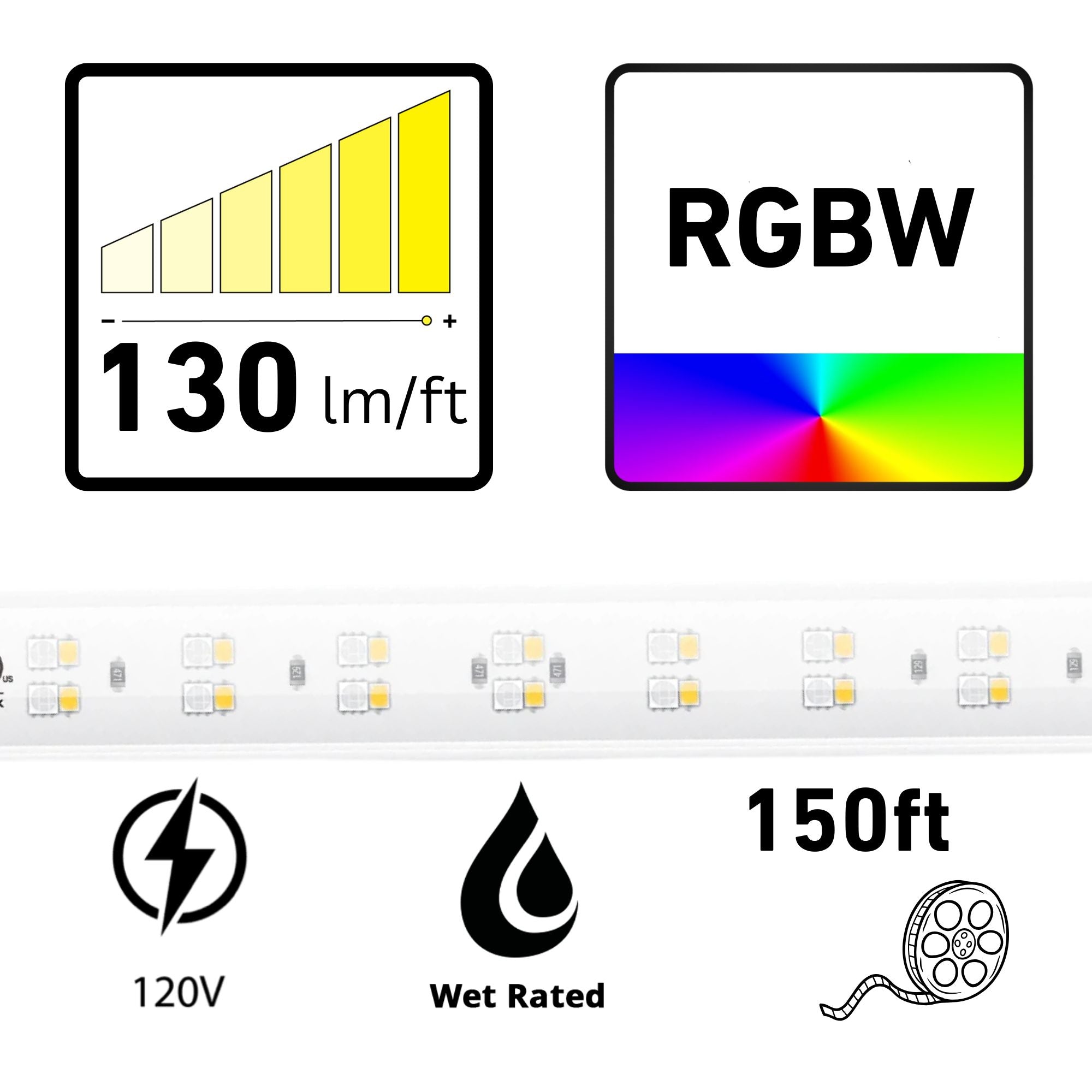 American Lighting Hybrid 3, 150ft, LED Tape Light, IP65, RGBW, 130 Lumens/ft, 120V
