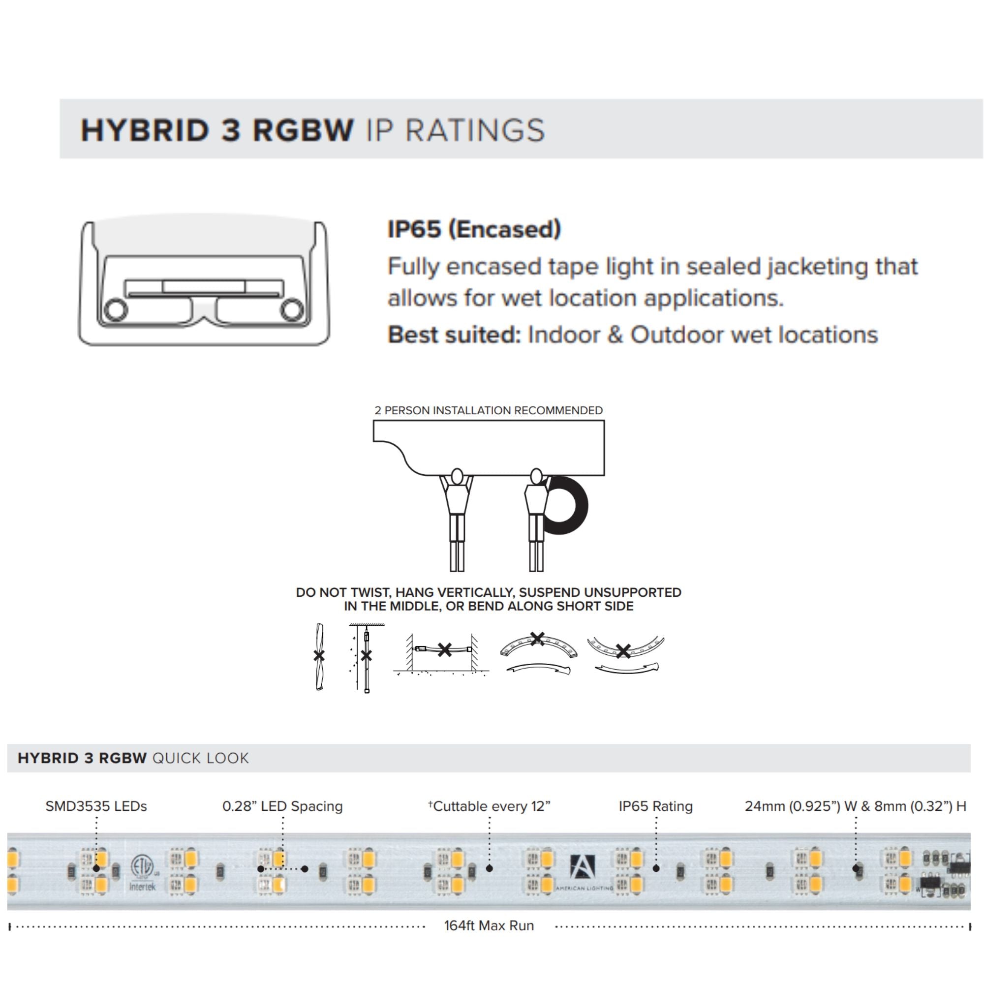 American Lighting Hybrid 3, 150ft, LED Tape Light, IP65, RGBW, 130 Lumens/ft, 120V