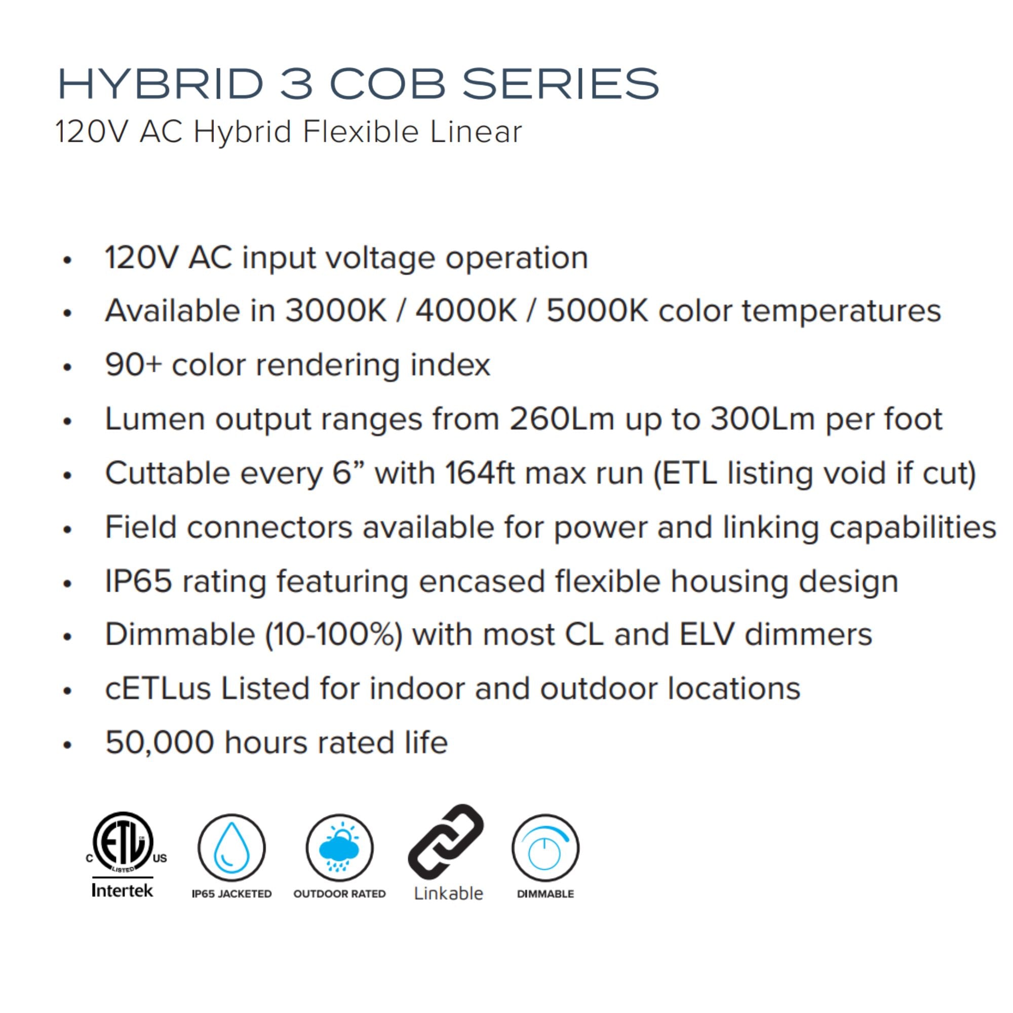 American Lighting Hybrid 3 COB, 150ft, LED Tape Light, IP65, 3000K, 260Lm/ft, 120V