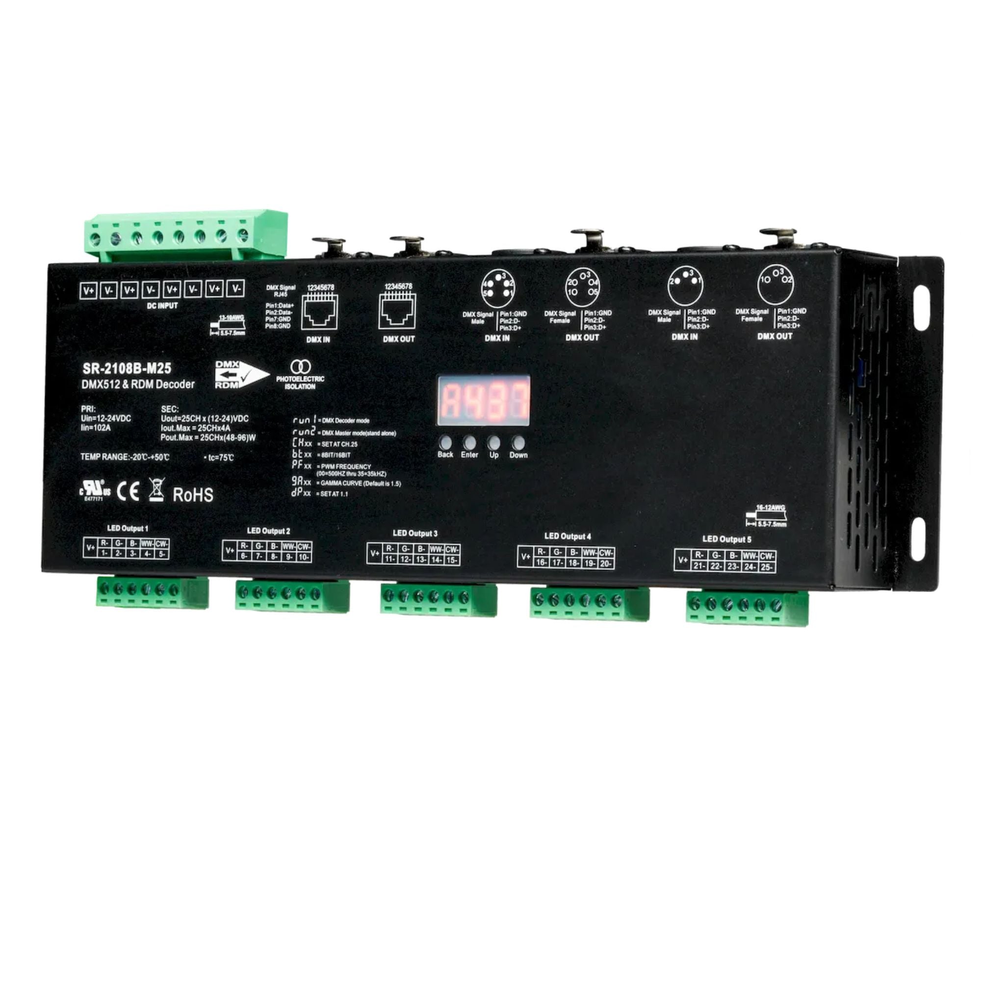 American Lighting AML-DEC-DMX-RJ45-5X5CH 25-Channel DMX Decoder, 5×5CH, RJ45/XLR3/XLR5, 12-24V DC, 4A per Channel