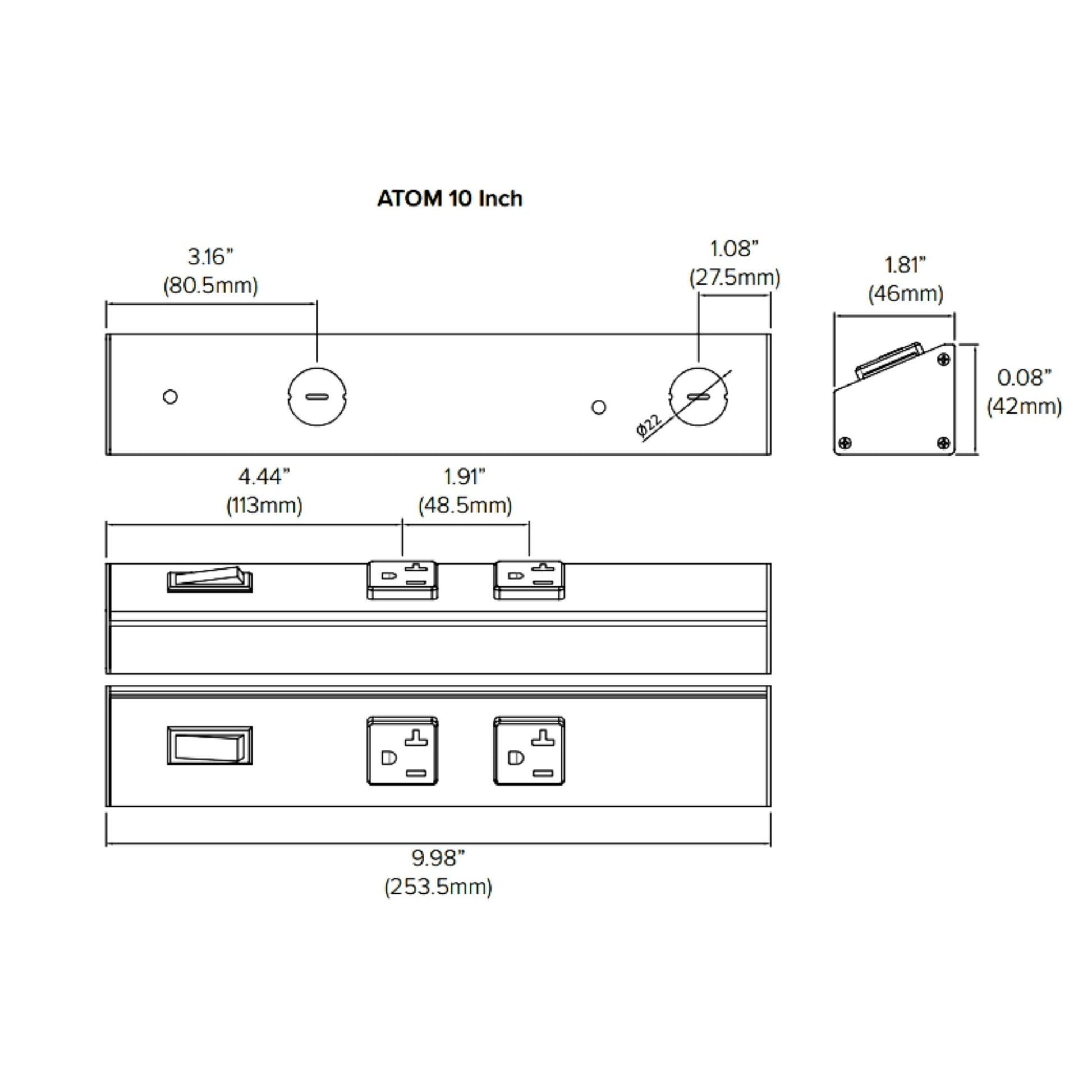 American Lighting - Atom 10" Under Cabinet Power Strip with 2 Receptacles, White | Bees Lighting