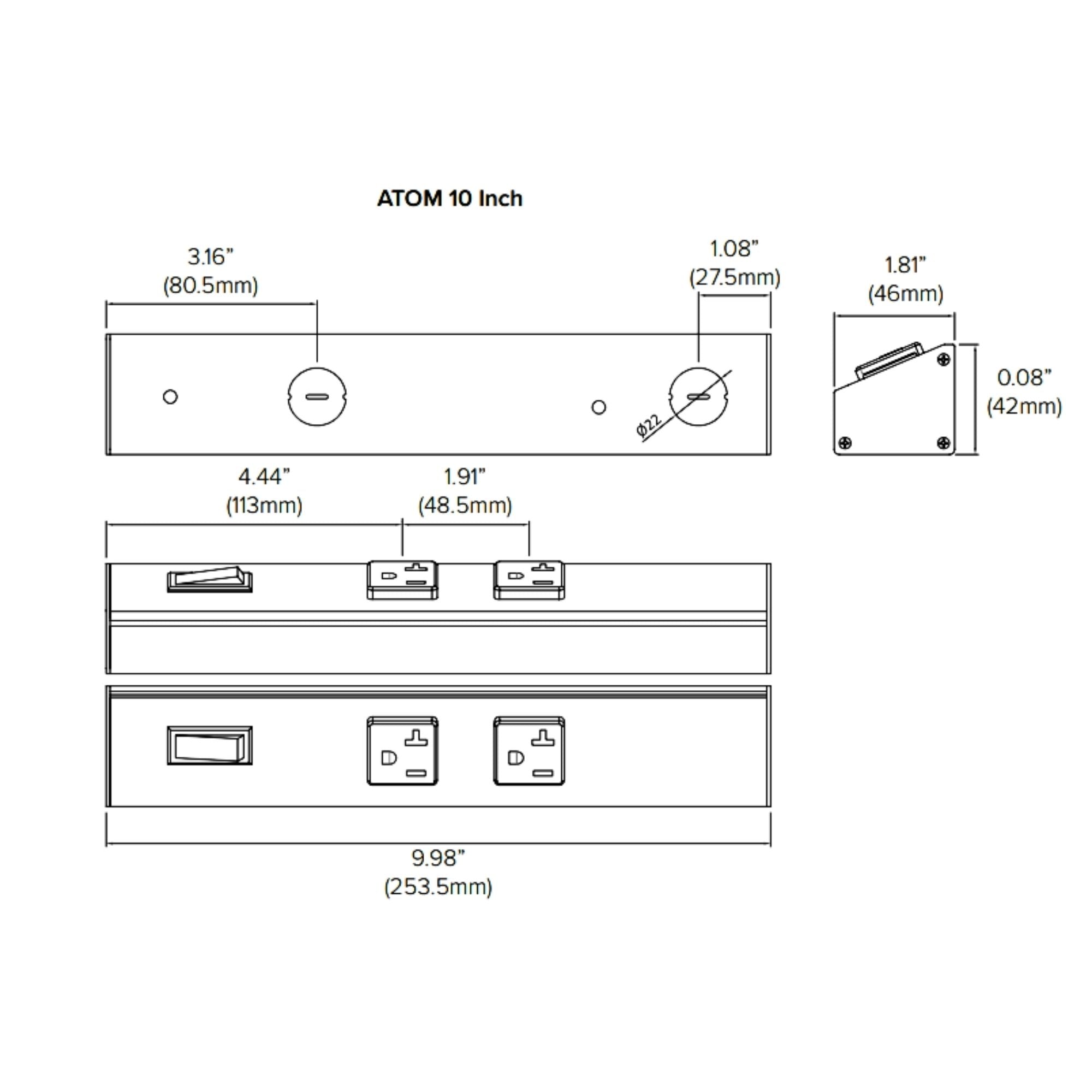 American Lighting - Atom 10" Under Cabinet Power Strip with 2 Receptacles, White | Bees Lighting