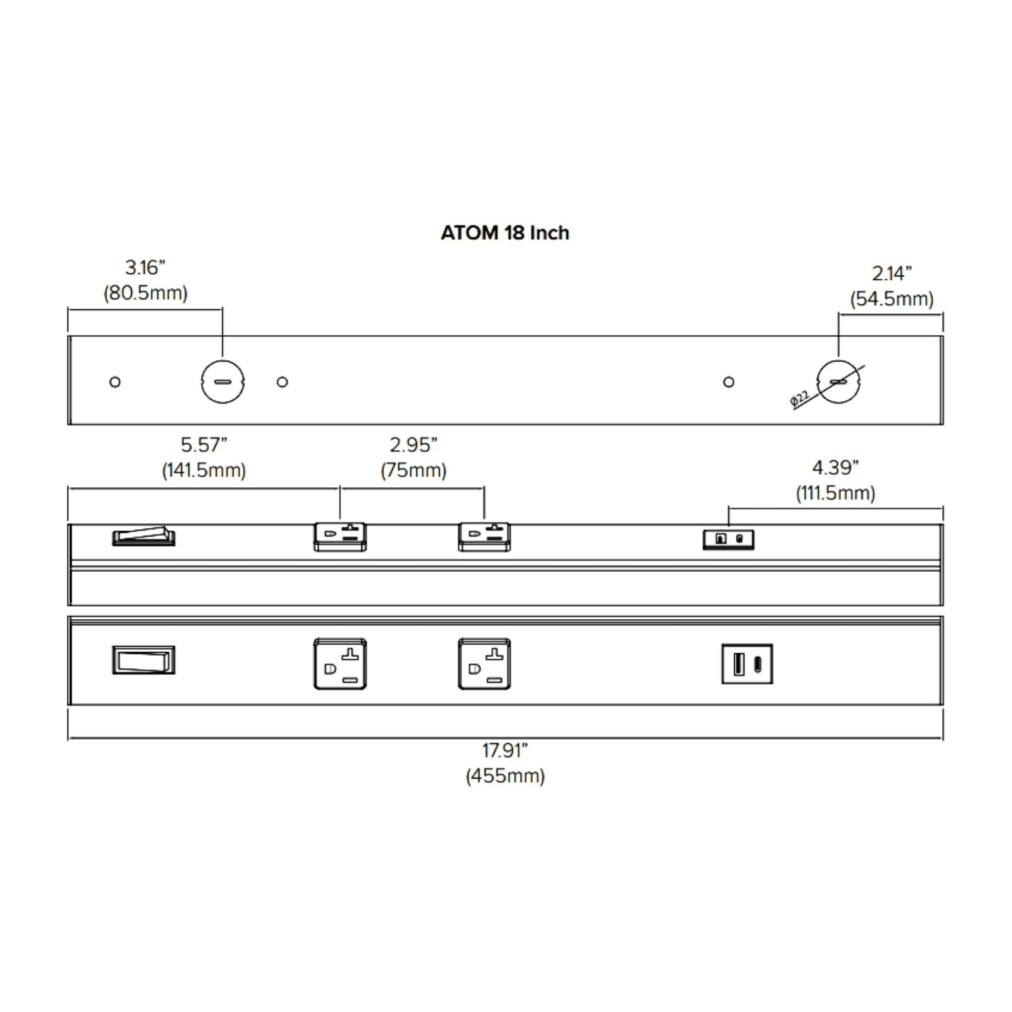 American Lighting - Atom 18" Under Cabinet Power Strip with 2 Receptacles and USB Ports, Black | Bees Lighting