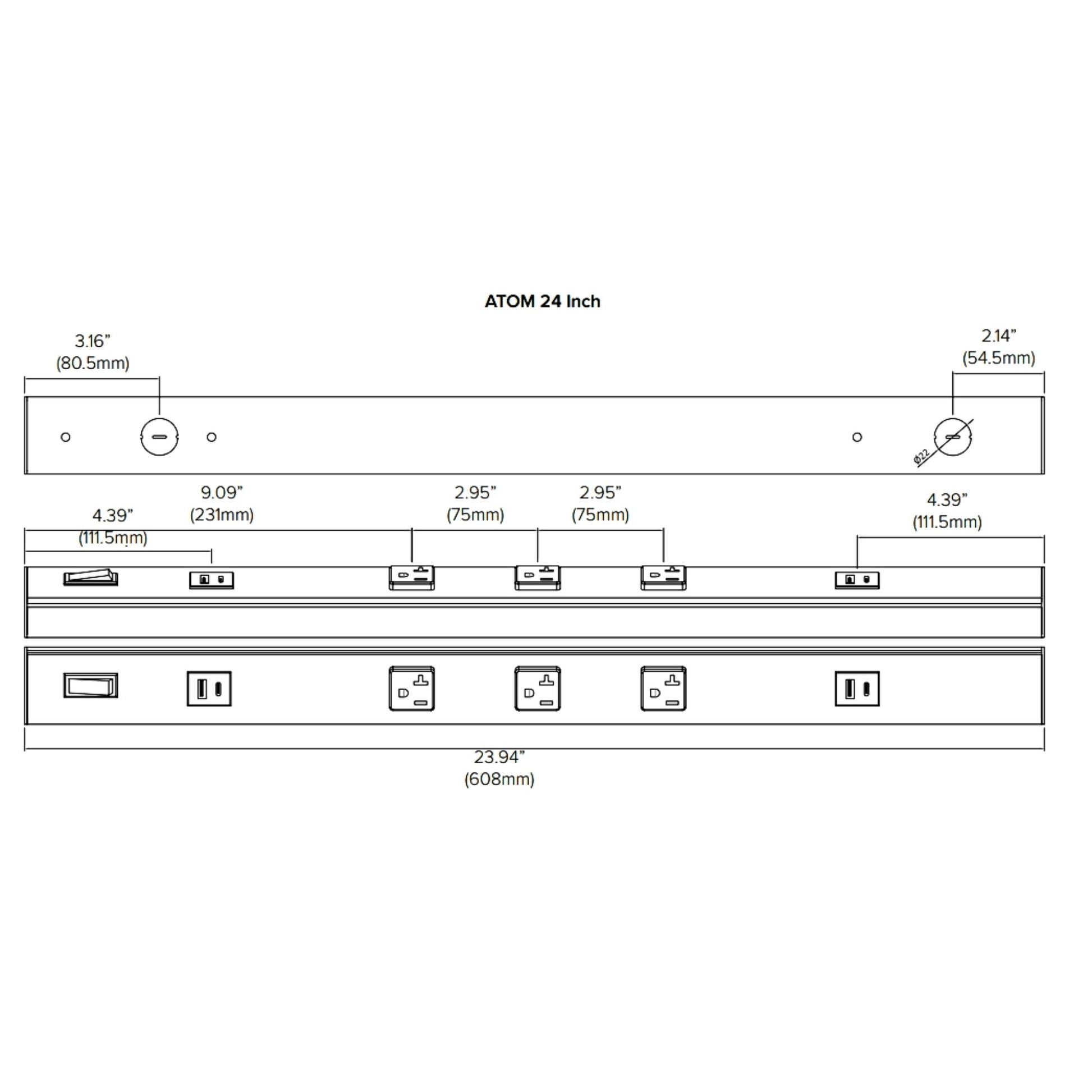 American Lighting - Atom 24" Under Cabinet Power Strip with 3 Receptacles and USB Ports, White | Bees Lighting