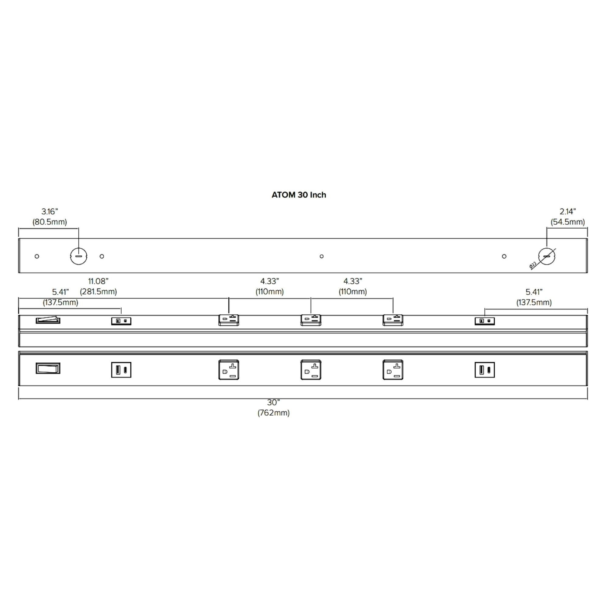 American Lighting - Atom 30" Under Cabinet Power Strip with 3 Receptacles and USB Ports, White | Bees Lighting
