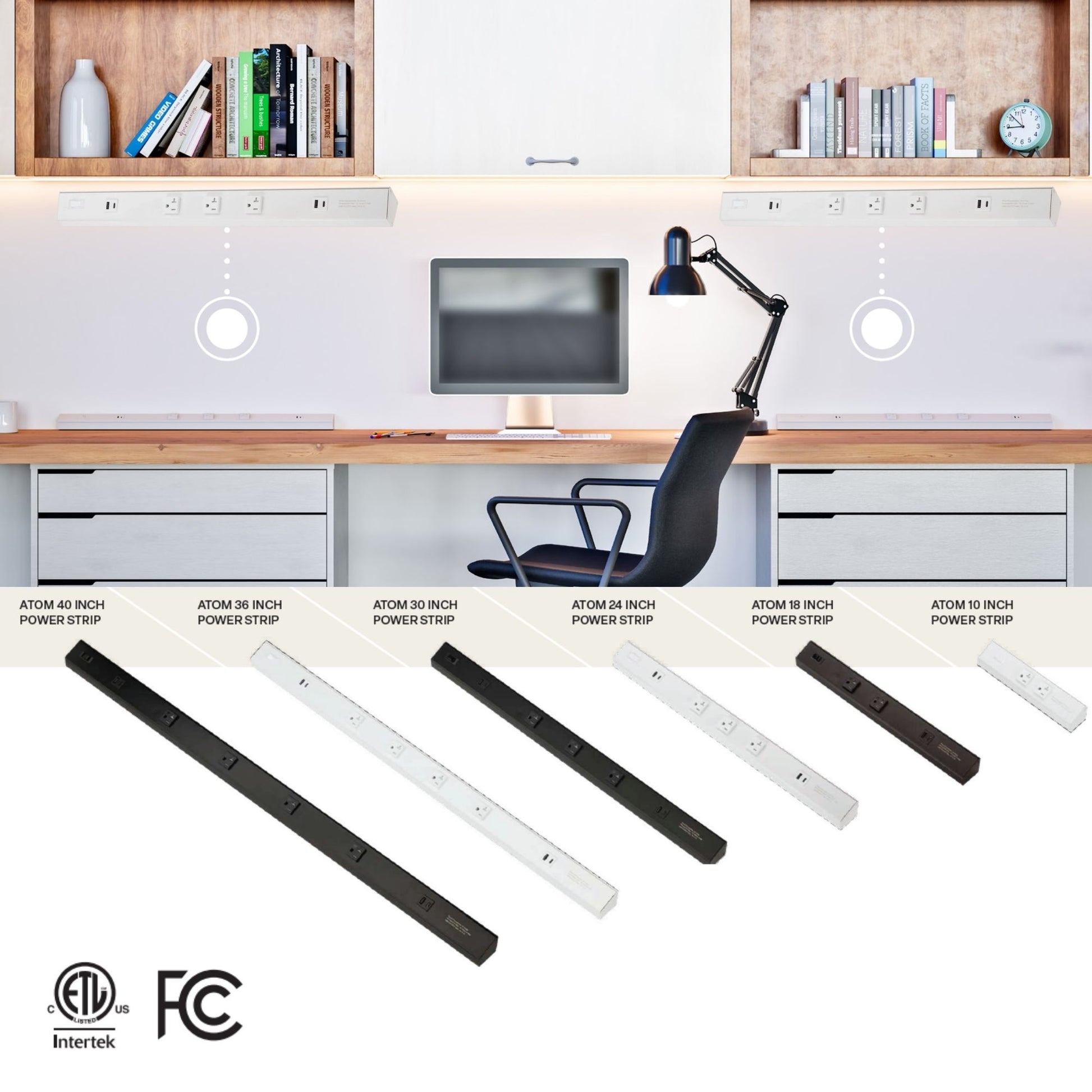 American Lighting - Atom 36" Under Cabinet Power Strip with 4 Receptacles and USB Ports, White | Bees Lighting