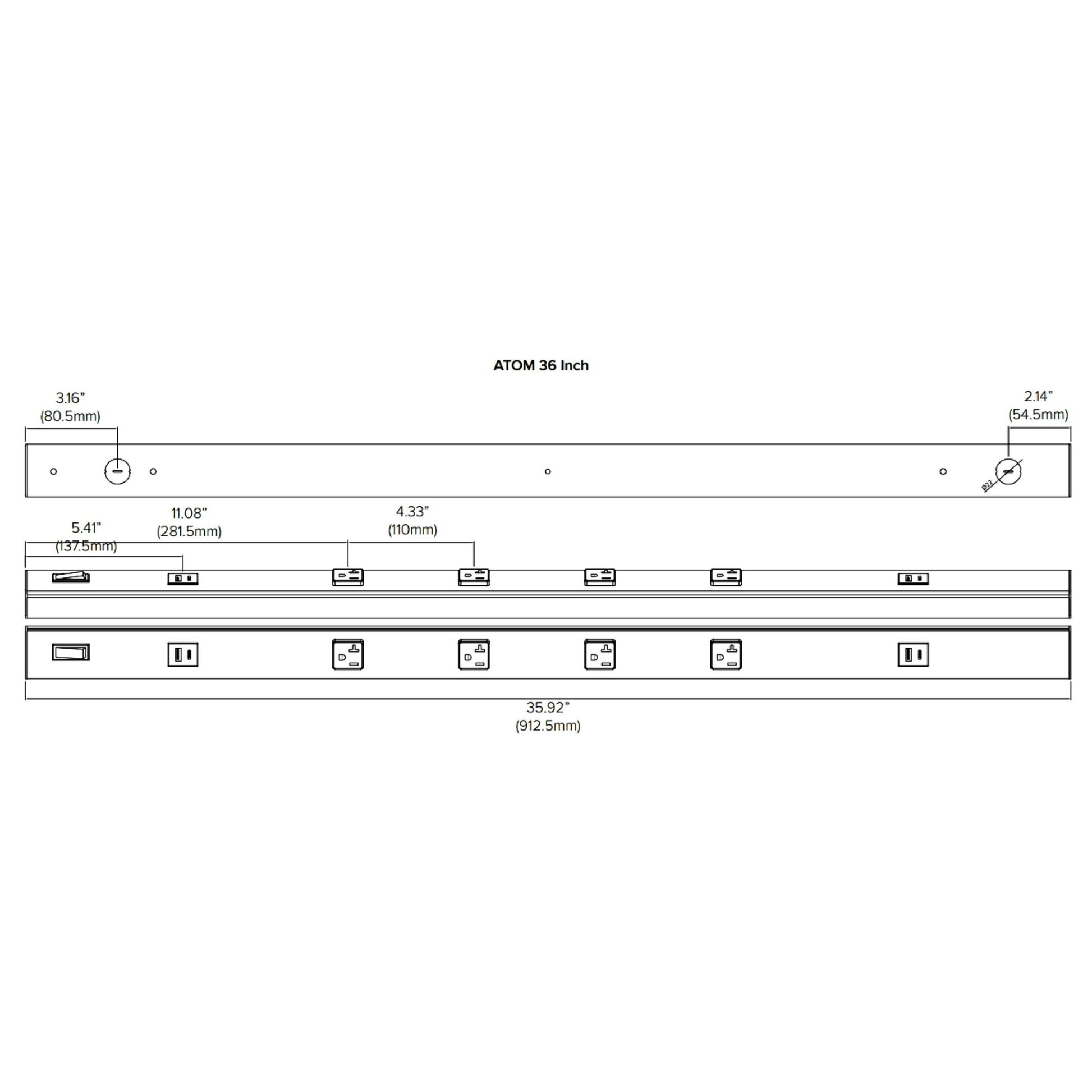 American Lighting - Atom 36" Under Cabinet Power Strip with 4 Receptacles and USB Ports, White | Bees Lighting