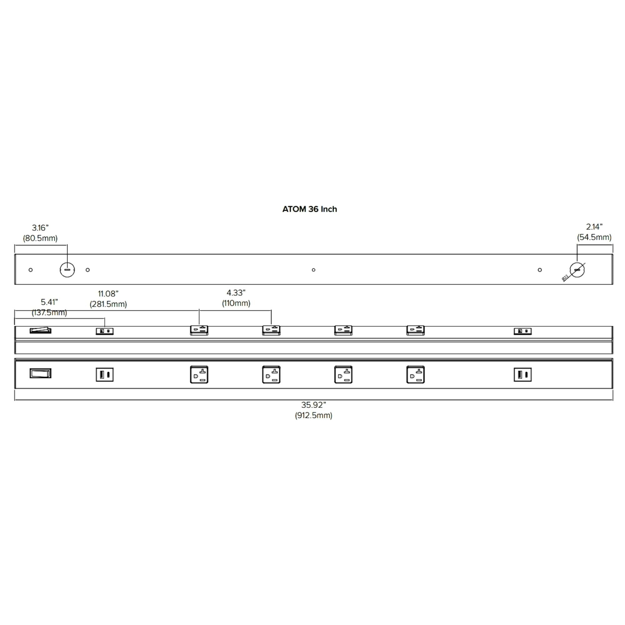 American Lighting - Atom 36" Under Cabinet Power Strip with 4 Receptacles and USB Ports, White | Bees Lighting