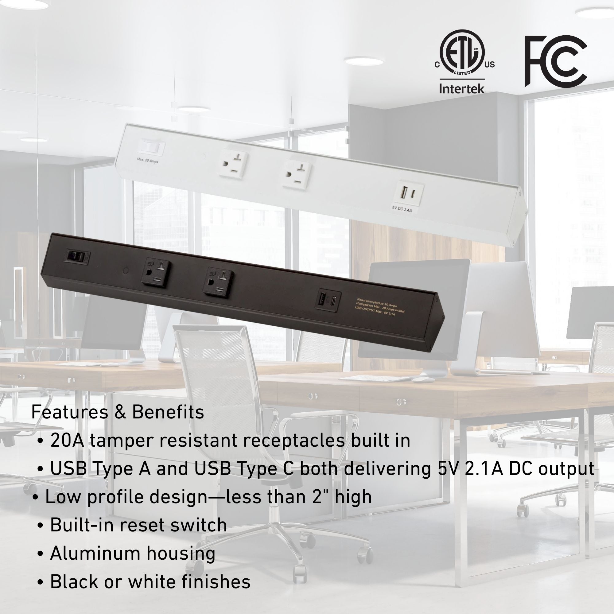 American Lighting - Atom 40" Under Cabinet Power Strip with 4 Receptacles and USB Ports, Black | Bees Lighting