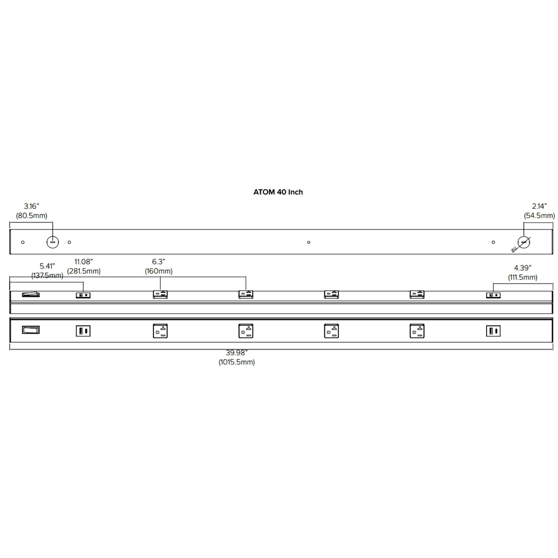 American Lighting - Atom 40" Under Cabinet Power Strip with 4 Receptacles and USB Ports, Black | Bees Lighting