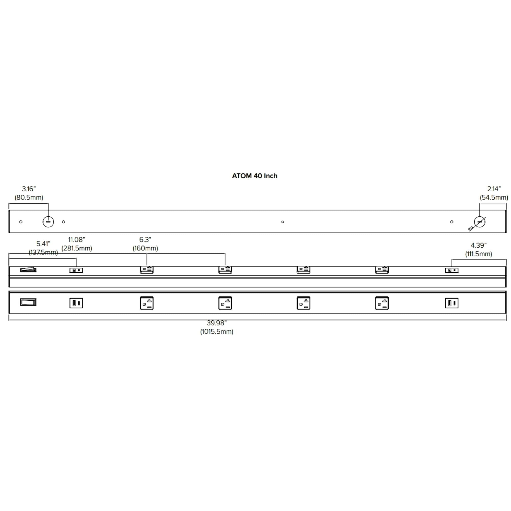 American Lighting - Atom 40" Under Cabinet Power Strip with 4 Receptacles and USB Ports, Black | Bees Lighting