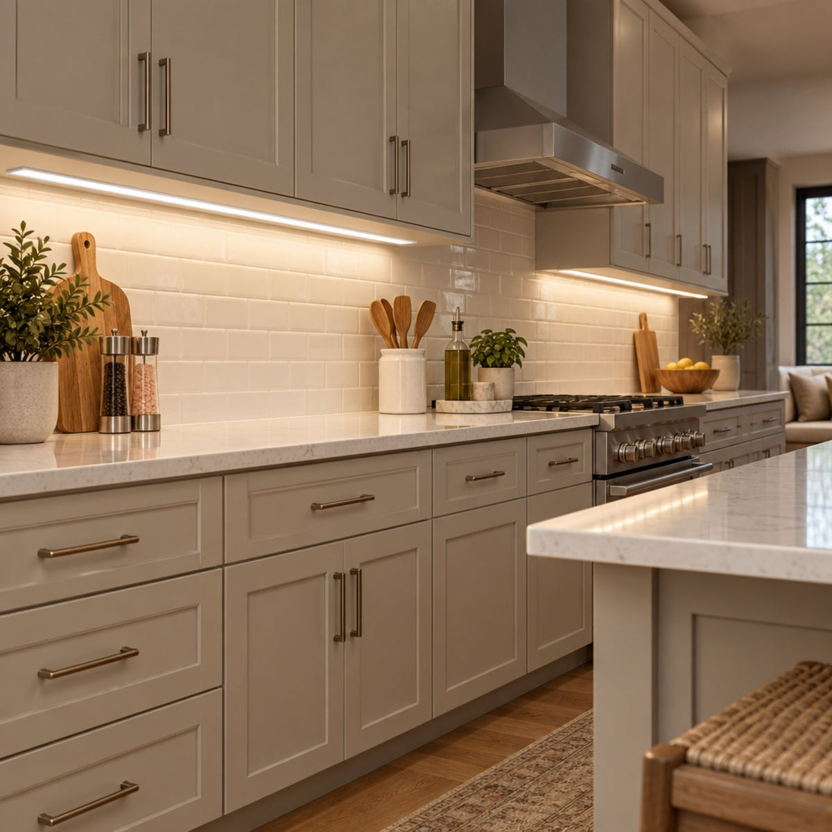 Surface-mount light channel bundle illuminating a kitchen countertop