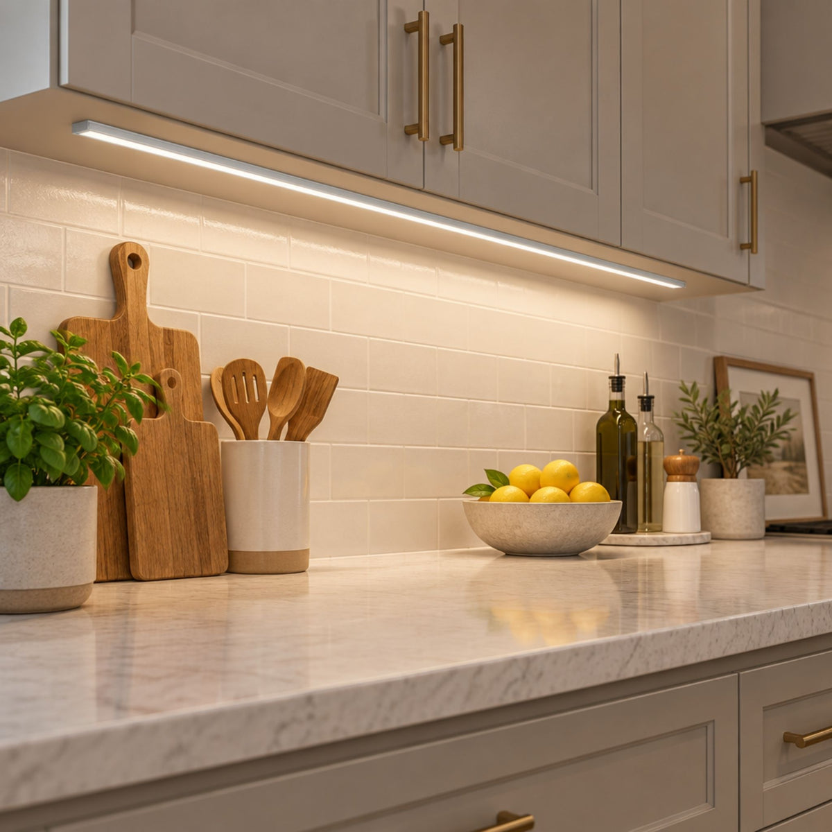 Under-cabinet LED channel light with frosted diffuser, mounted along kitchen countertop