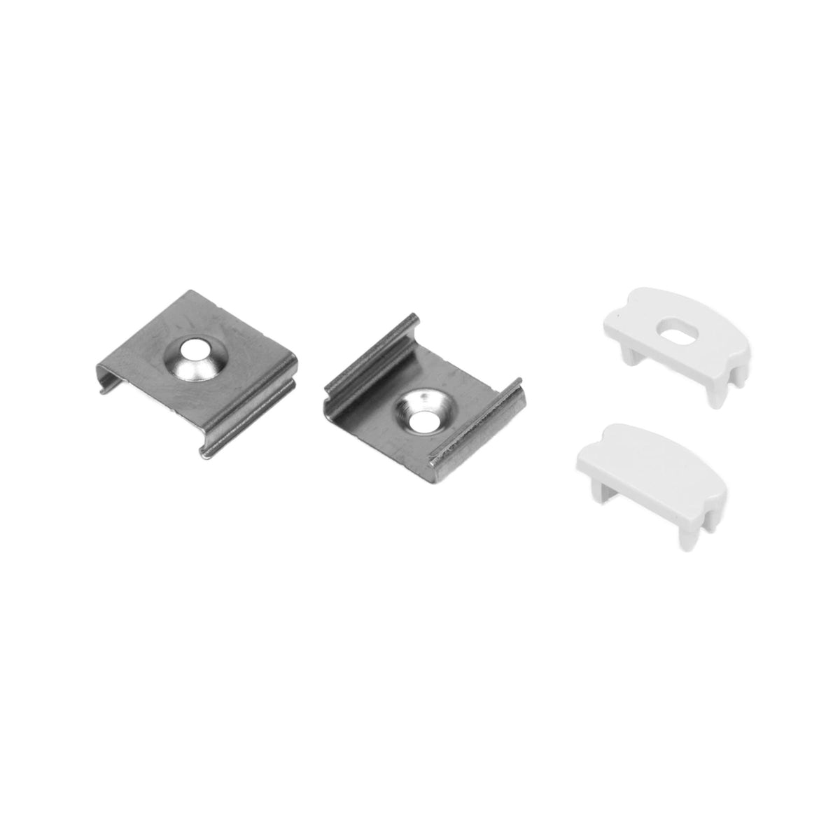 Channel accessory five-pack: metal clamps and plastic clips with mounting holes.