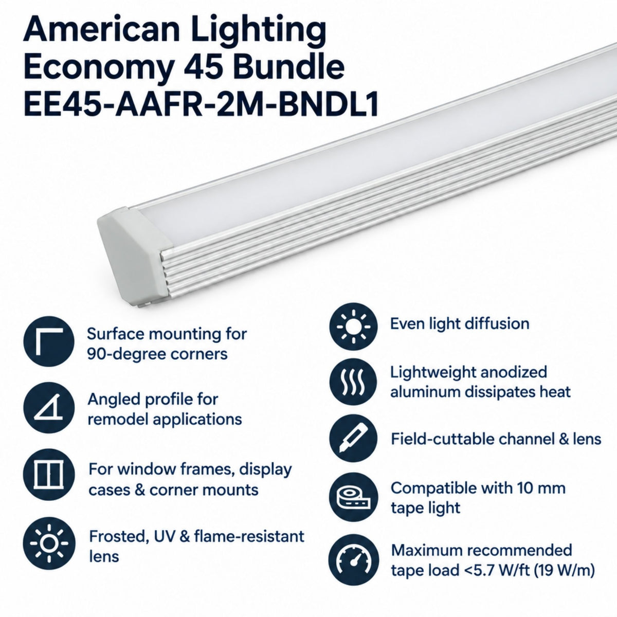 American Lighting Economy 45 EE45-AAFR-2M-BNDL1 2M Surface Mount Tape Light Channel Bundle, Aluminum