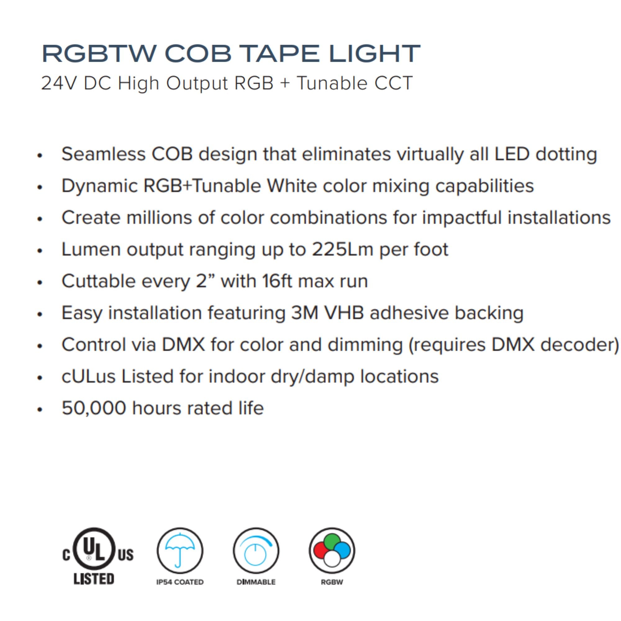 American Lighting Trulux, 16ft, COB Tape Light, IP54, RGBTW, 225 Lumens/ft, 24V