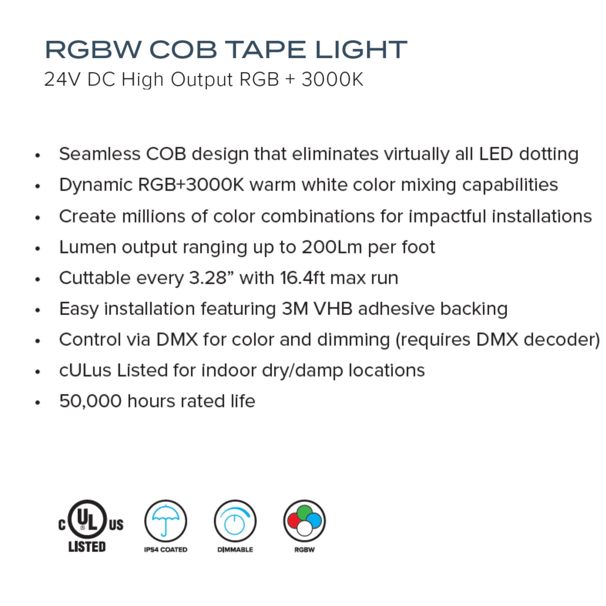 Trulux, 16.4ft, COB Tape Light, RGBW, 200Lm/ft, 24V