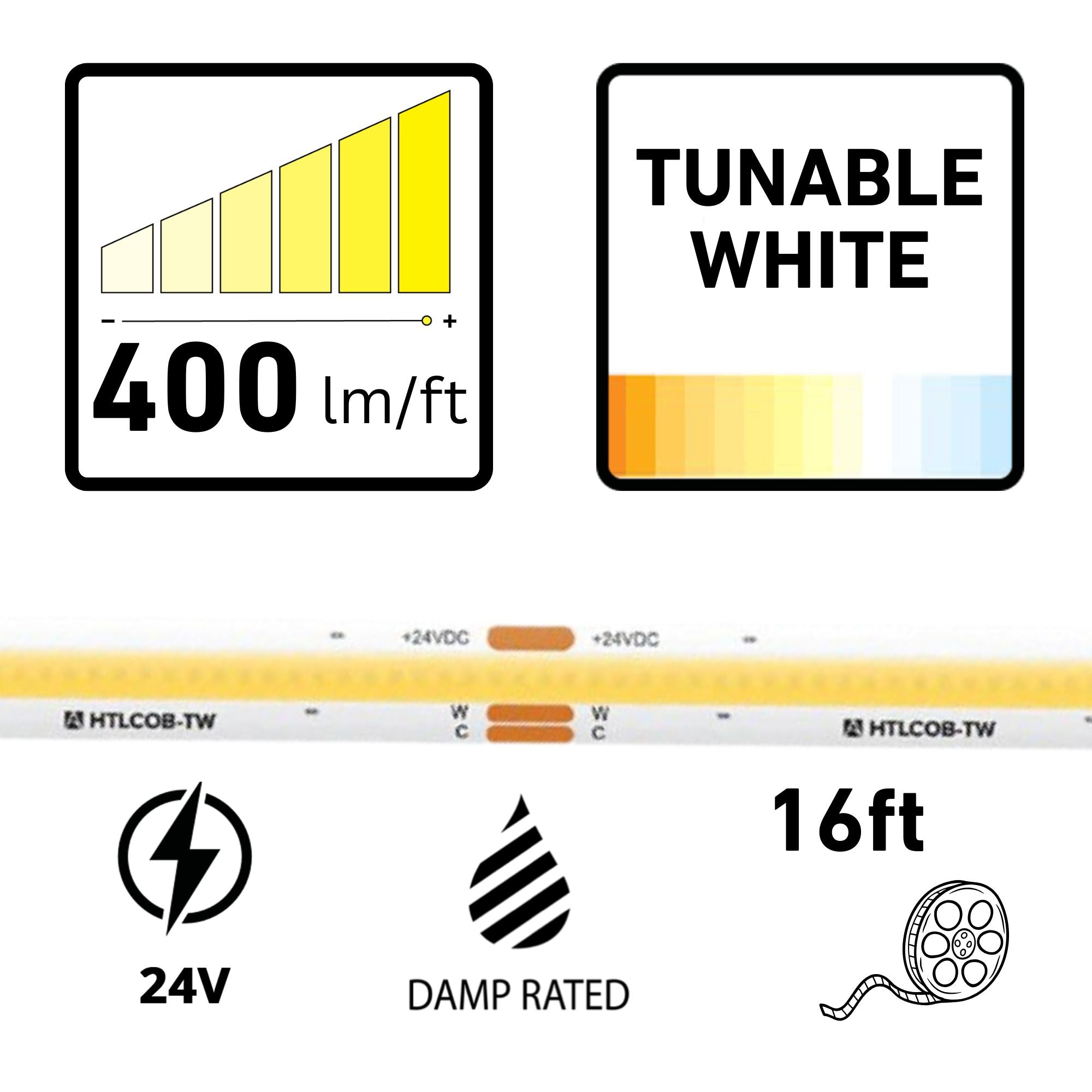 Trulux, 16.4ft, COB Tape Light, IP54, Tunable White, 400 Lumens/ft, 24V