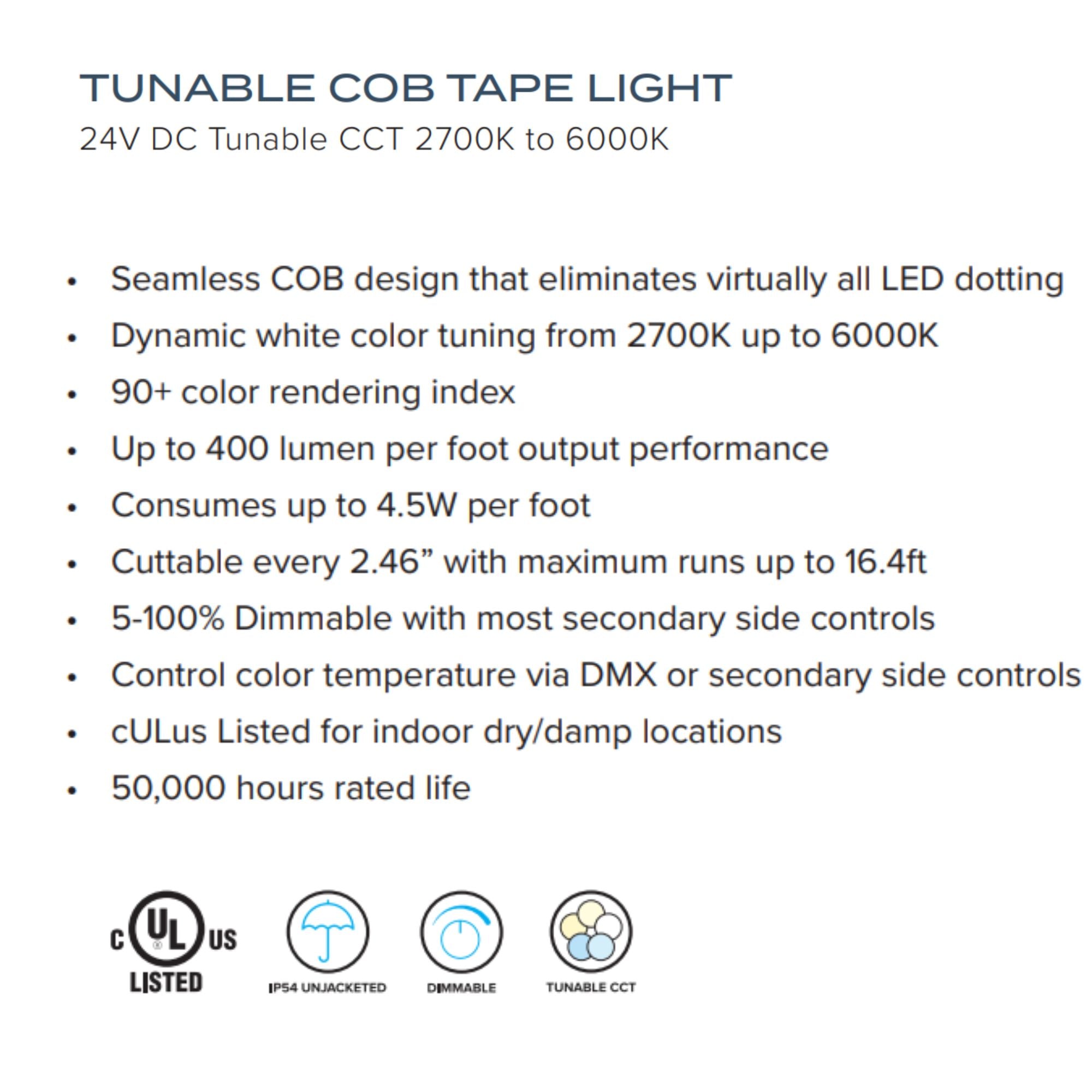 Trulux, 16.4ft, COB Tape Light, IP54, Tunable White, 400 Lumens/ft, 24V