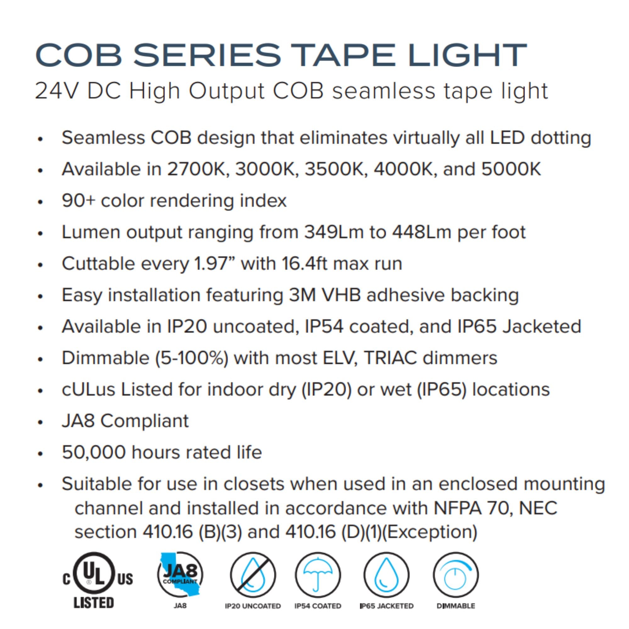 Trulux, 16.4ft, COB Tape Light, IP65, 3500K, 387 Lumens/ft, 24V
