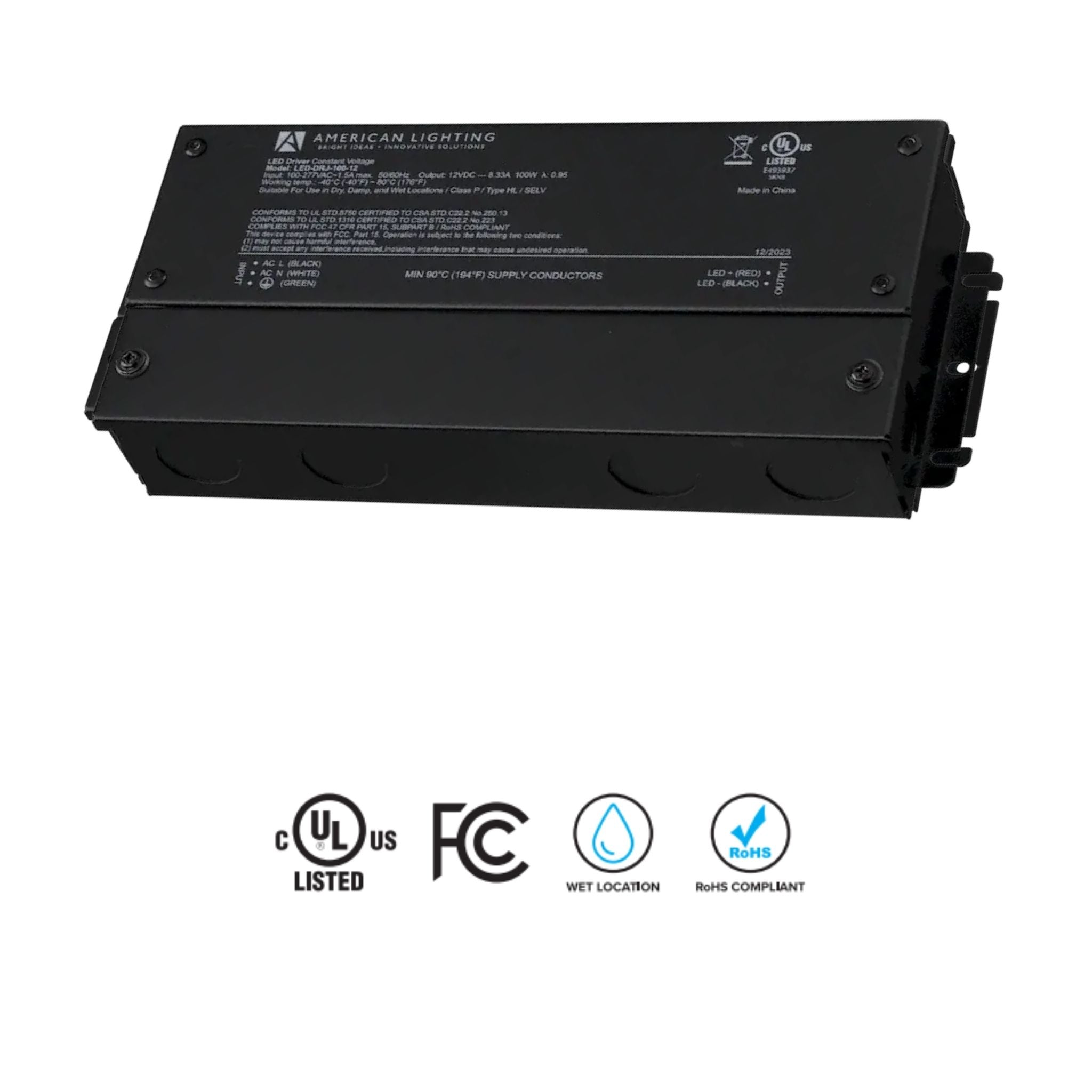 American Lighting LED-DRJ 96W LED Driver 12V DC - Non-Dimmable, Wet Rated, 120-277V