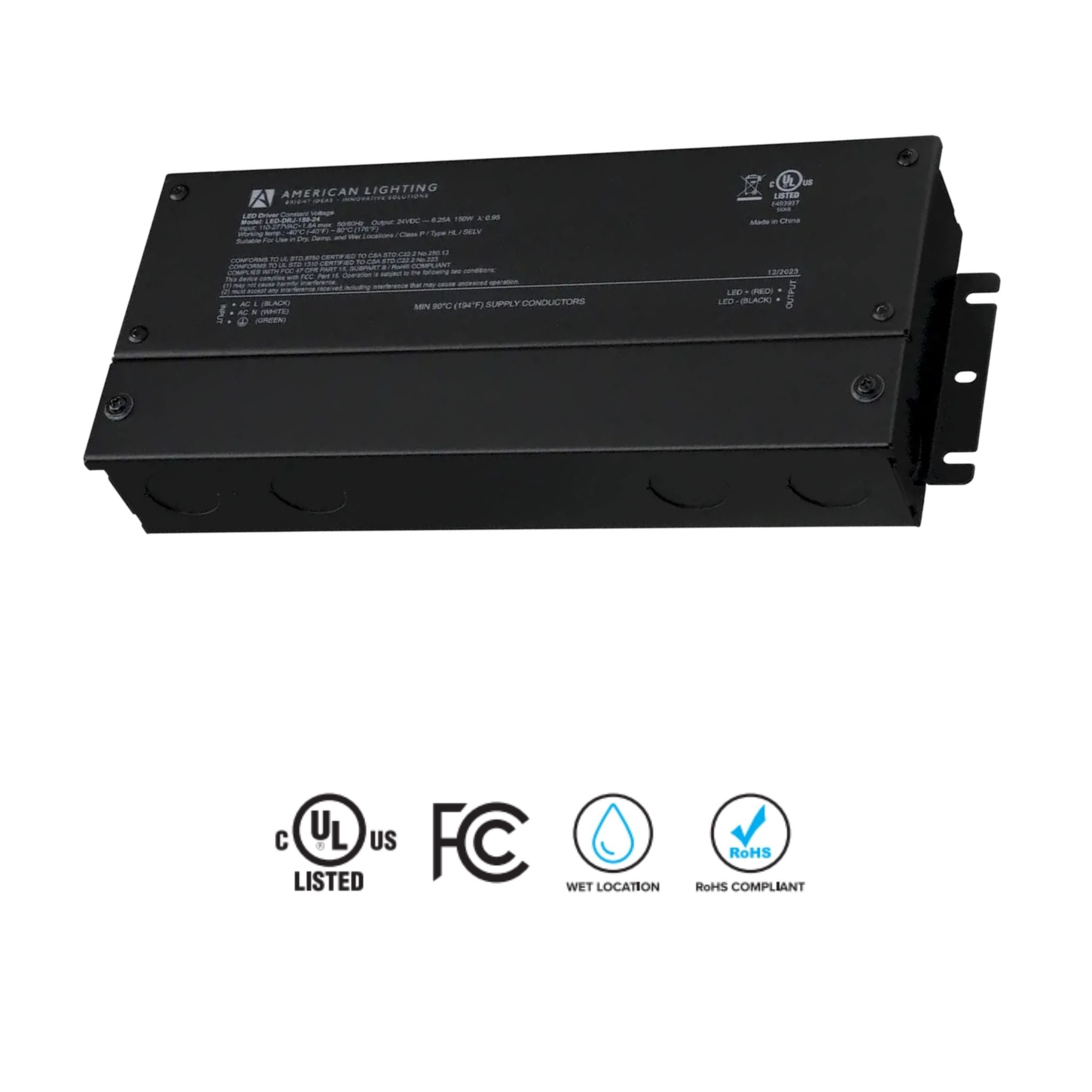 American Lighting LED-DRJ 150W LED Driver 24V Non-Dimming, Wet Rated, Indoor/Outdoor - 120-277V
