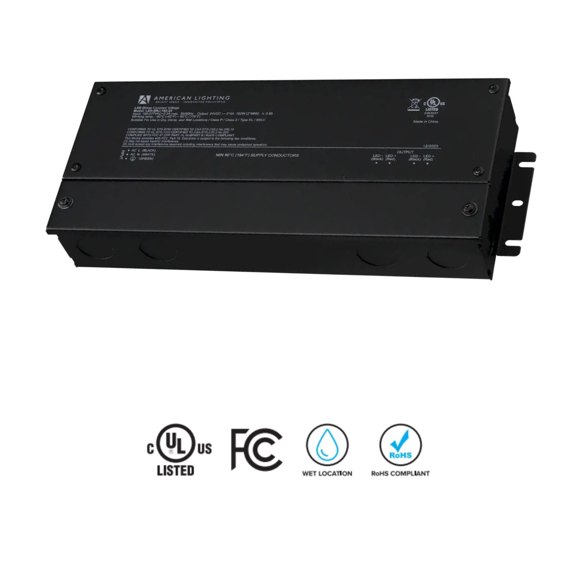 American Lighting LED-DRJ 192W LED Driver 24V Non-Dimming, Integrated Junction Box, Indoor/Outdoor - 120-277V