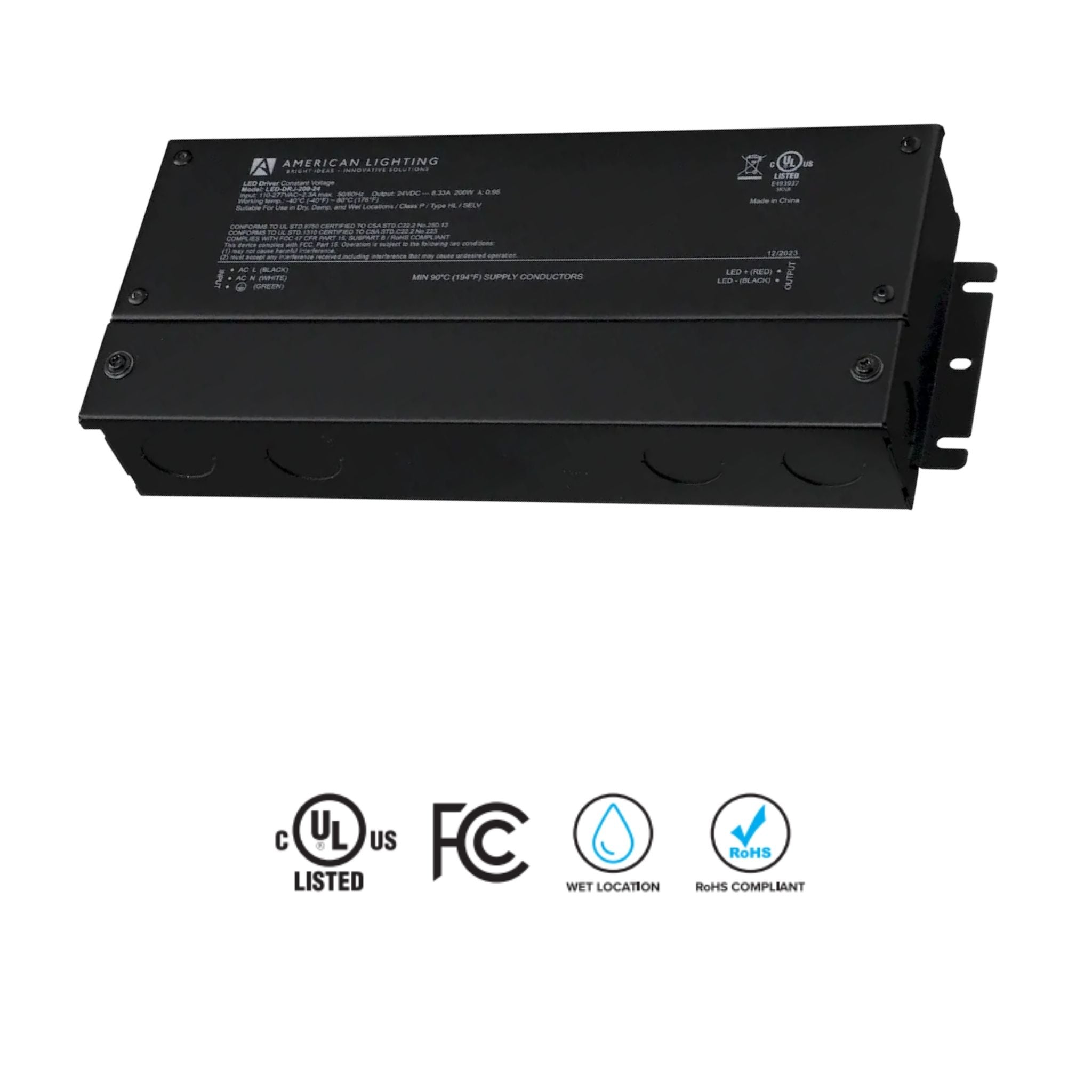 American Lighting LED-DRJ 200W LED Driver 24V DC, Non-Dimming, Wet Rated, 120-277V