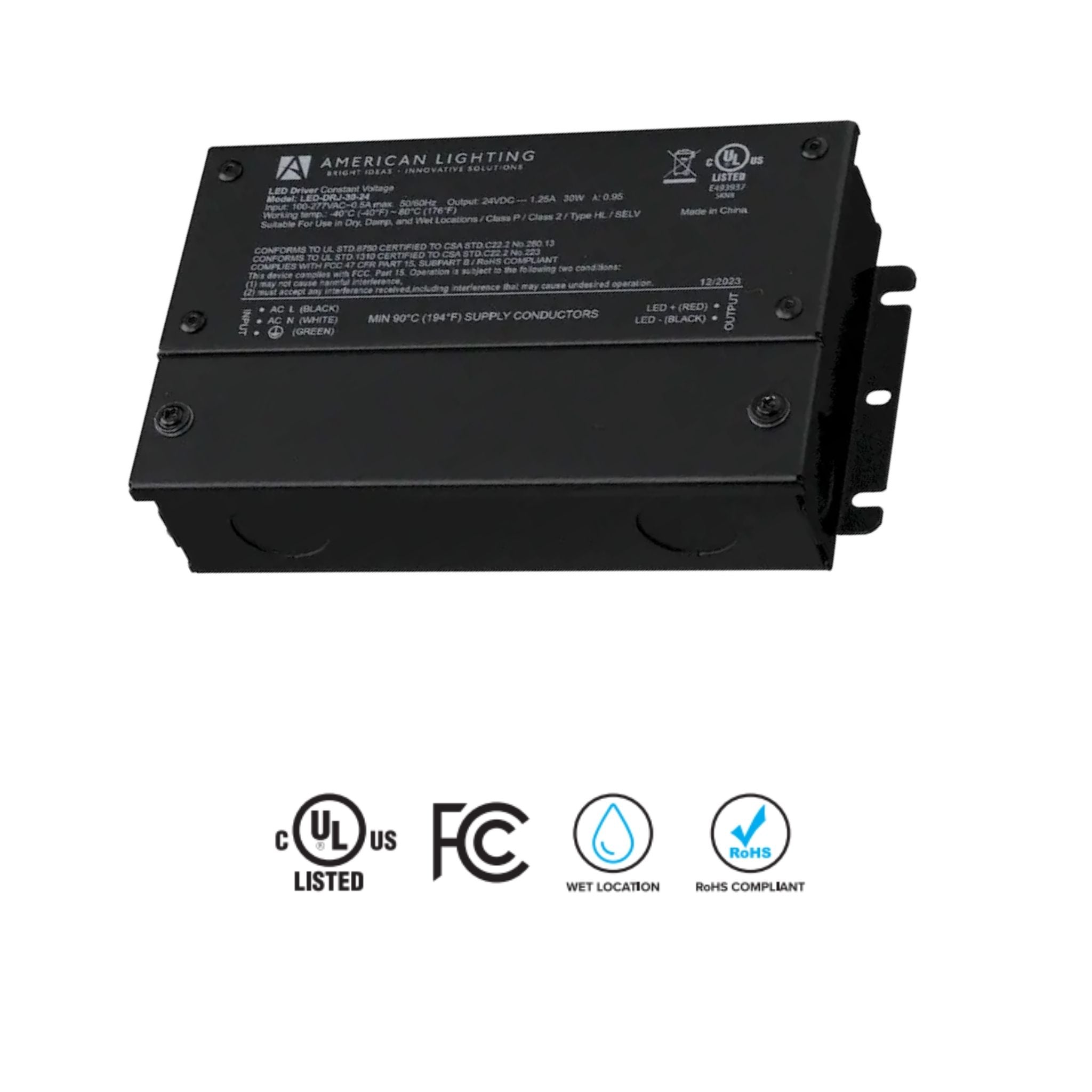 American Lighting LED-DRJ 30W LED Driver 12V DC - Non-Dimmable, Integrated Junction Box - 120-277V